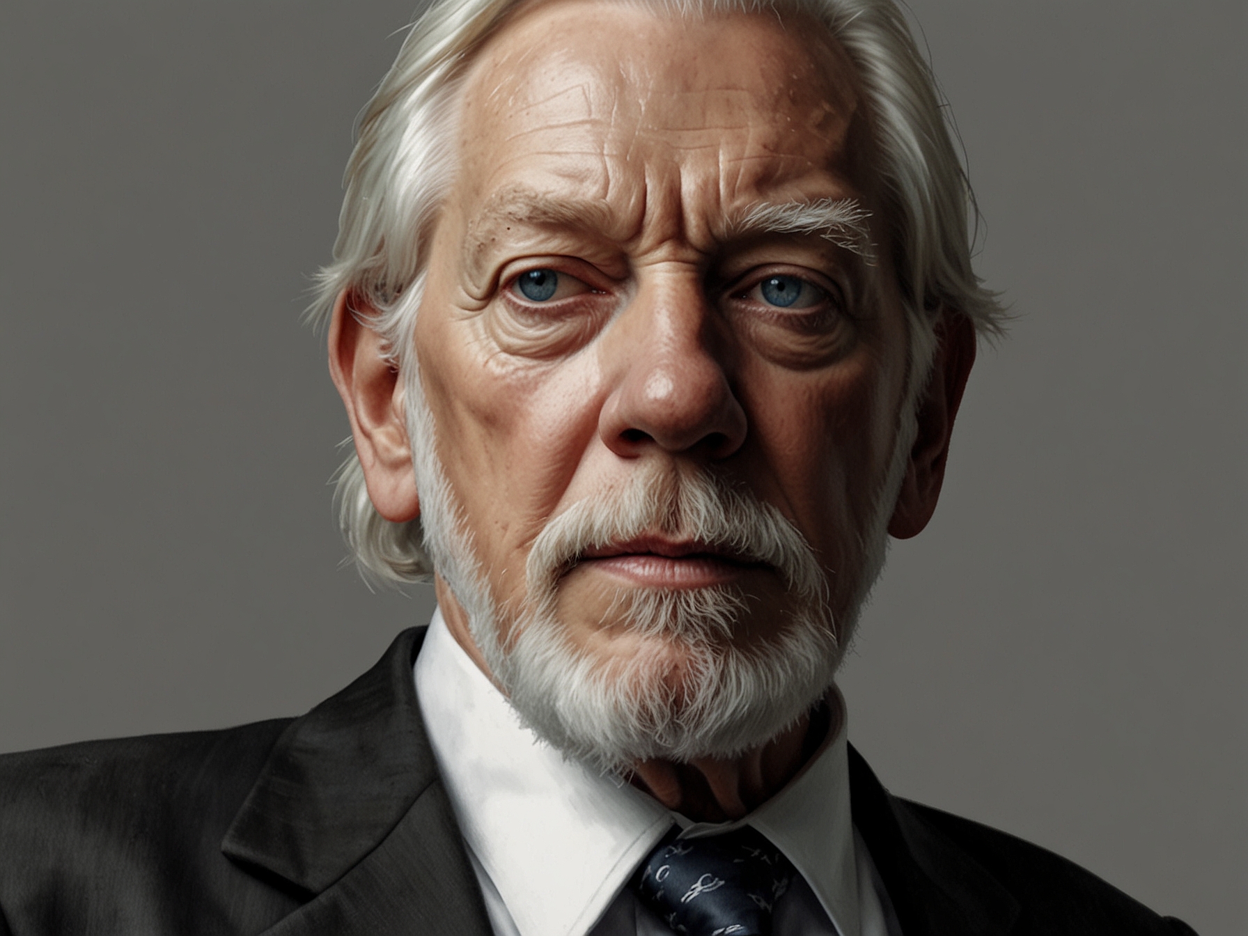 A portrait of Donald Sutherland, capturing his signature intense gaze and distinguished presence, commemorating his influential career in Hollywood.