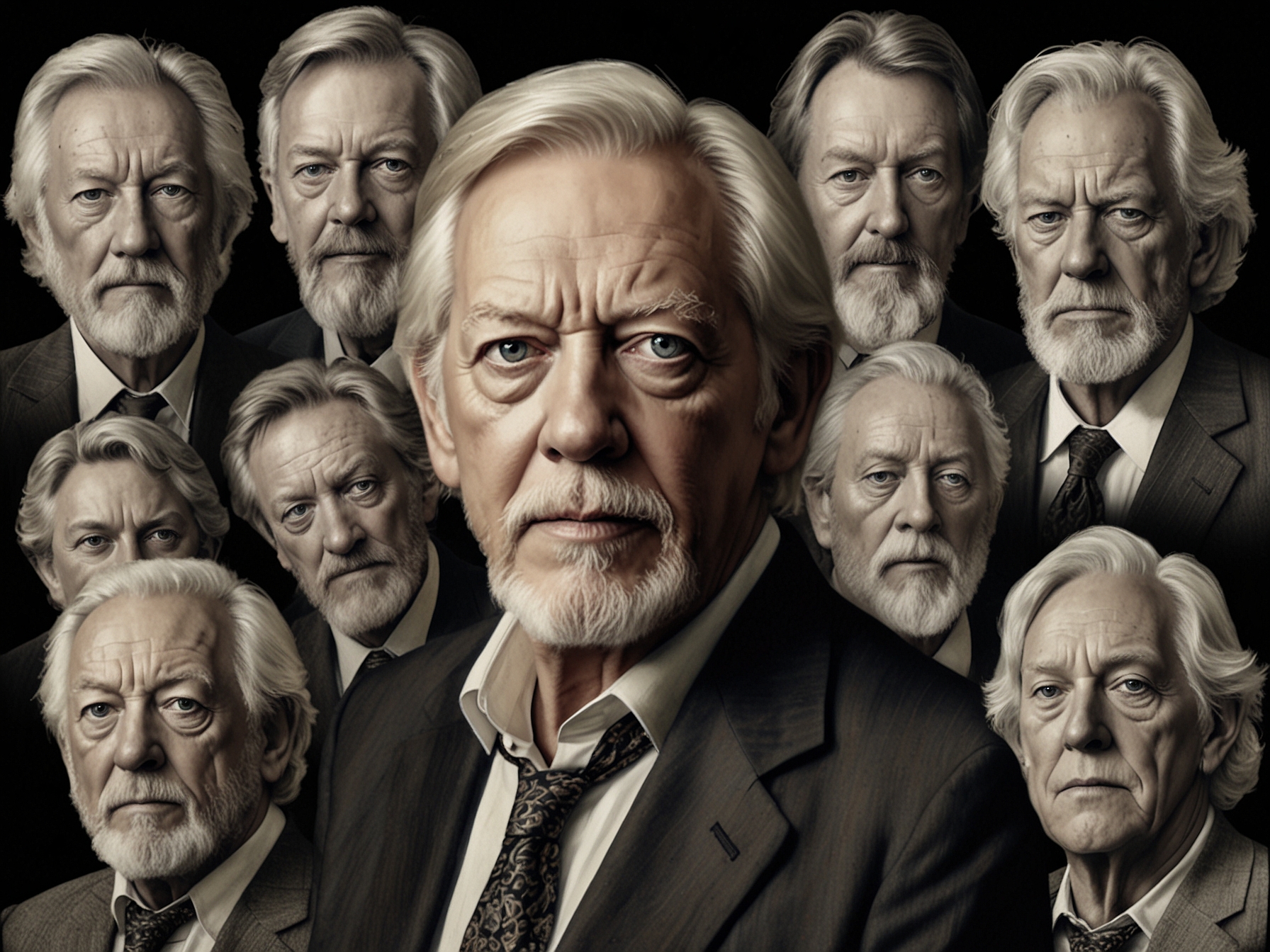 A collage of some of Donald Sutherland's most iconic film roles, illustrating his remarkable versatility and longevity in the entertainment industry.
