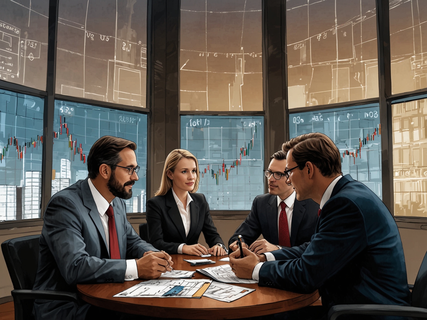 An image of financial analysts discussing stock ratings with digital charts in the background, symbolizing the diverse evaluations Pennant Group has received over the past three months.