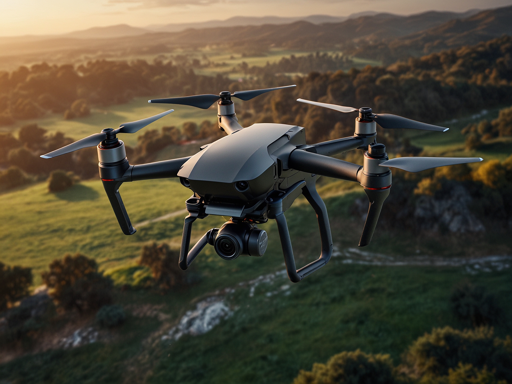 An image depicting a DJI drone flying over a scenic landscape, highlighting the advanced features and widespread use of DJI drones in photography and videography.