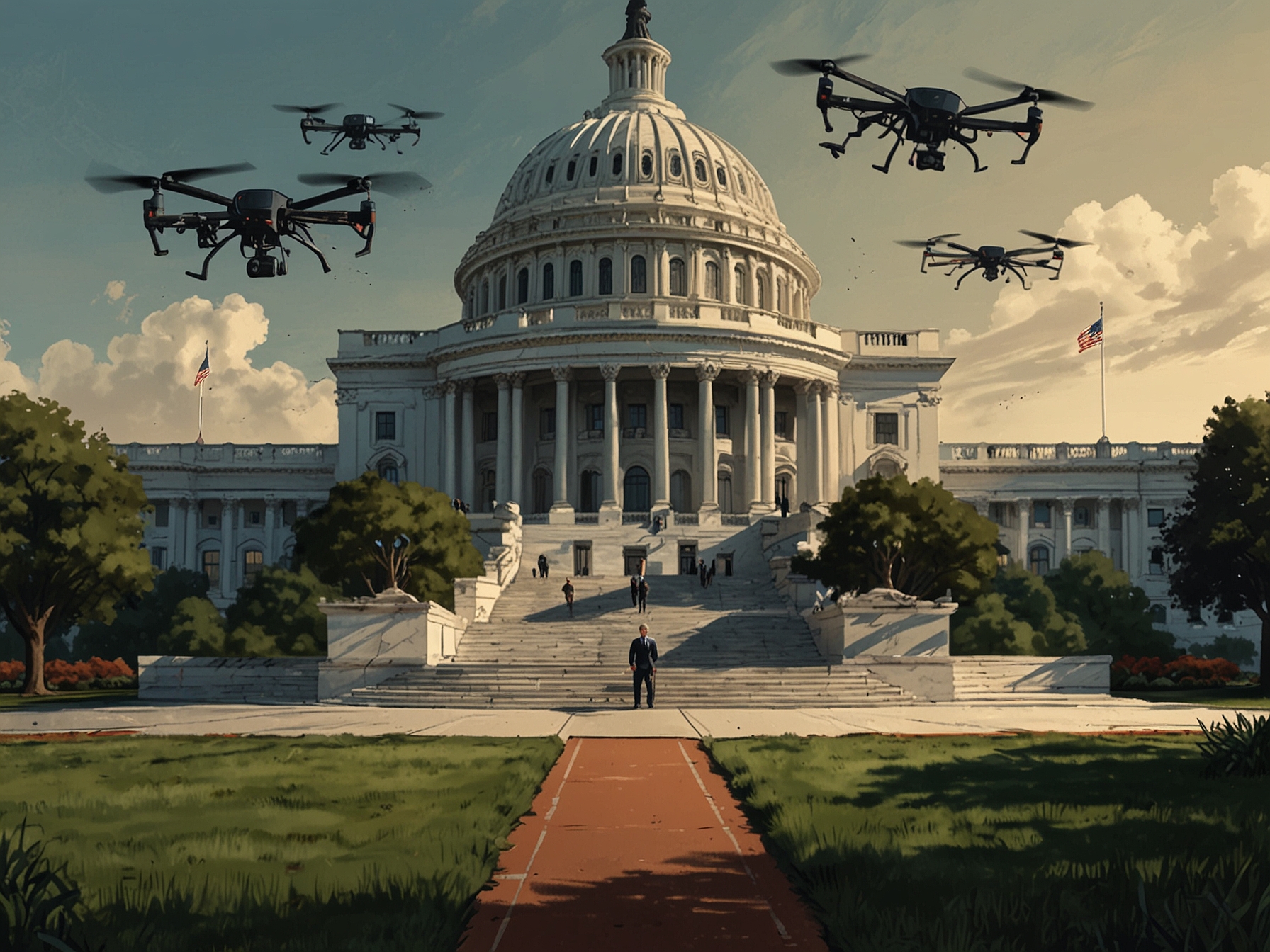 A graphic illustration showing the legislative process, from the US House's bill passage to the potential Senate approval and Presidential signing, emphasizing the procedural journey of the drone sales ban.