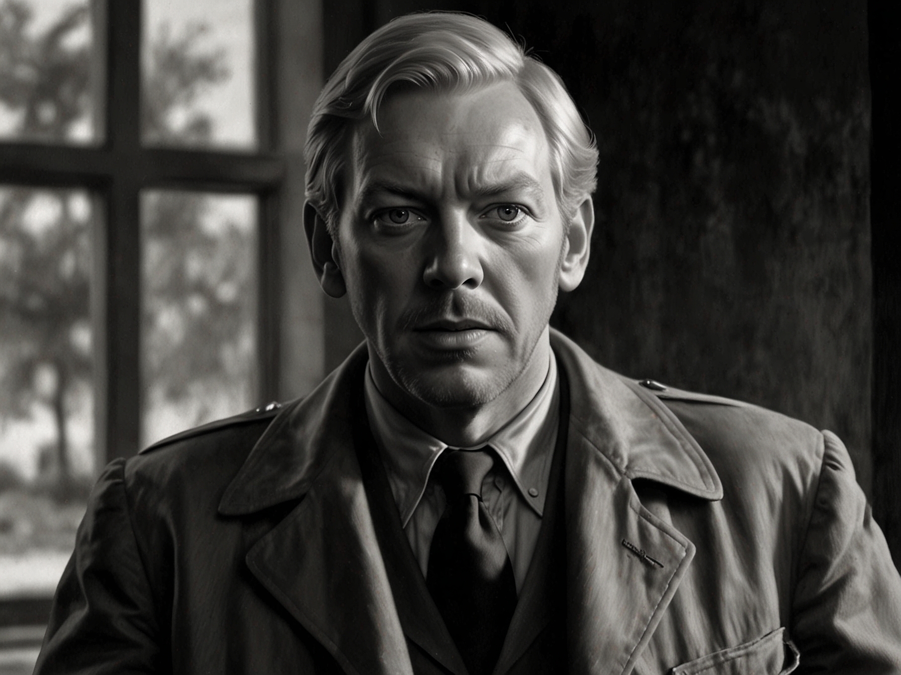 A black-and-white photo of a young Donald Sutherland, capturing his breakthrough role in The Dirty Dozen, which marked the beginning of his illustrious career in Hollywood.
