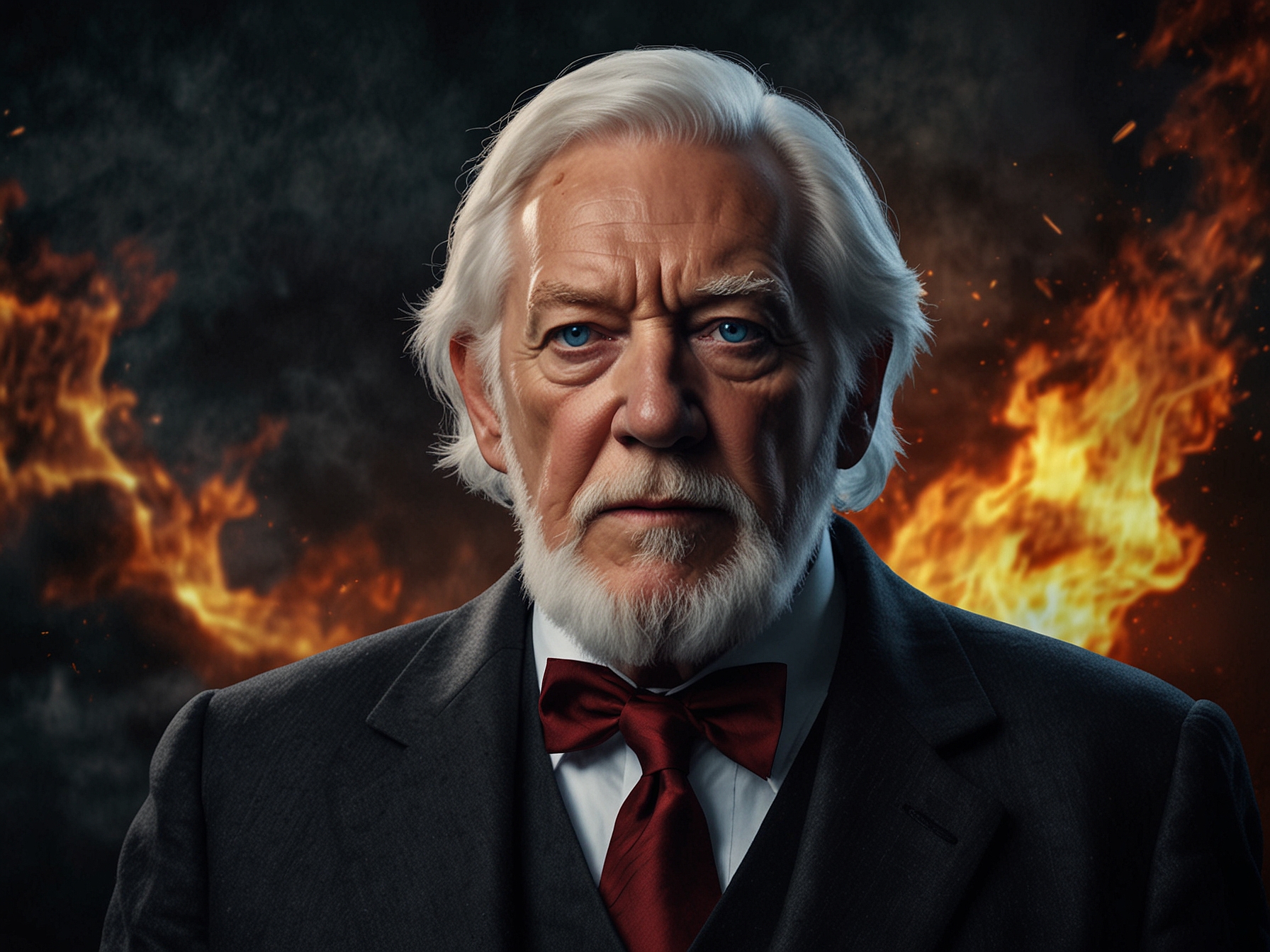 Donald Sutherland in his iconic role as President Snow from The Hunger Games series, showcasing the chilling and authoritative demeanor that made the character unforgettable.