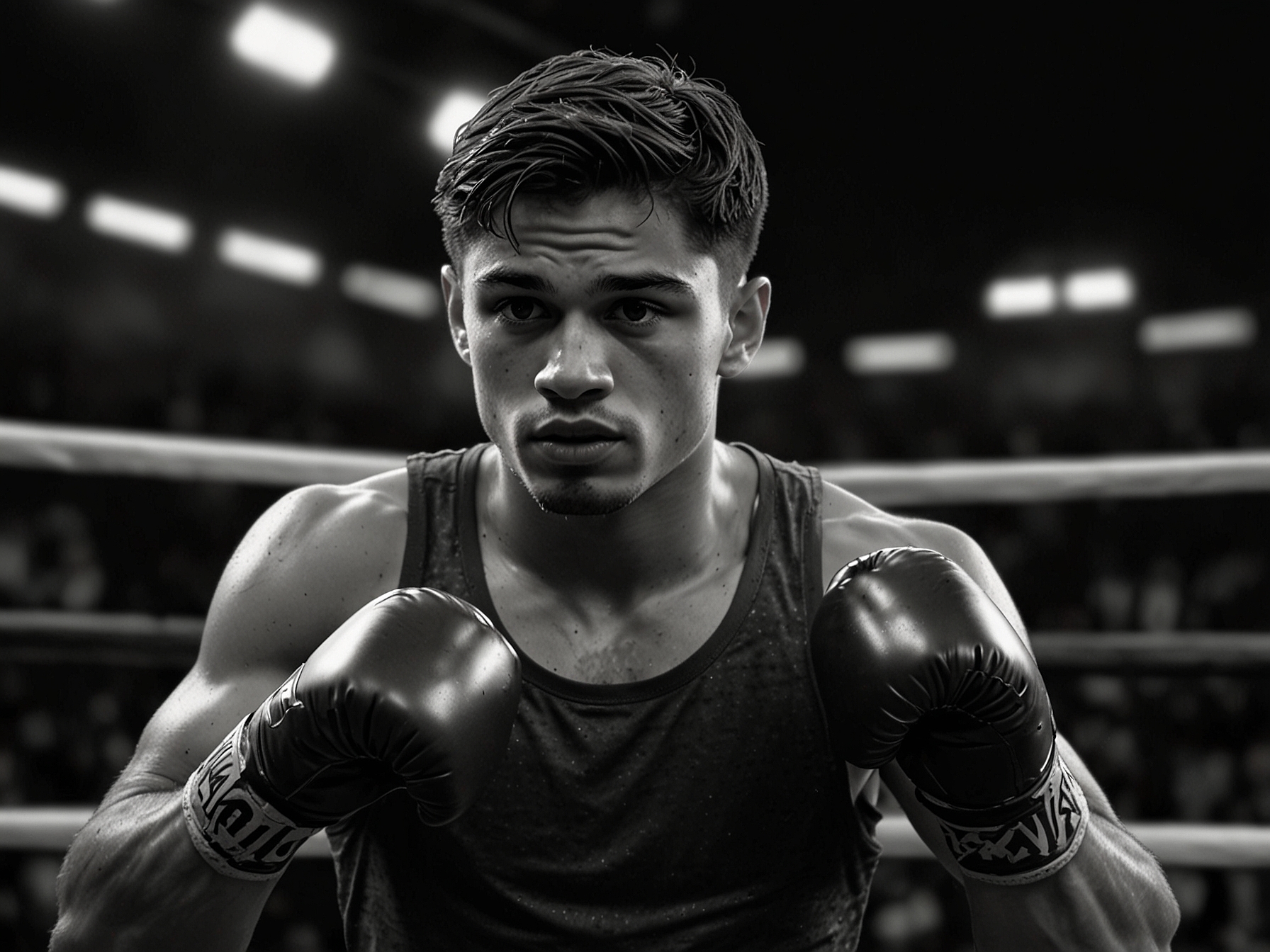Ryan Garcia in a boxing ring, showcasing his speed and power during a match, capturing the moments that made him a household name in boxing before his retirement.