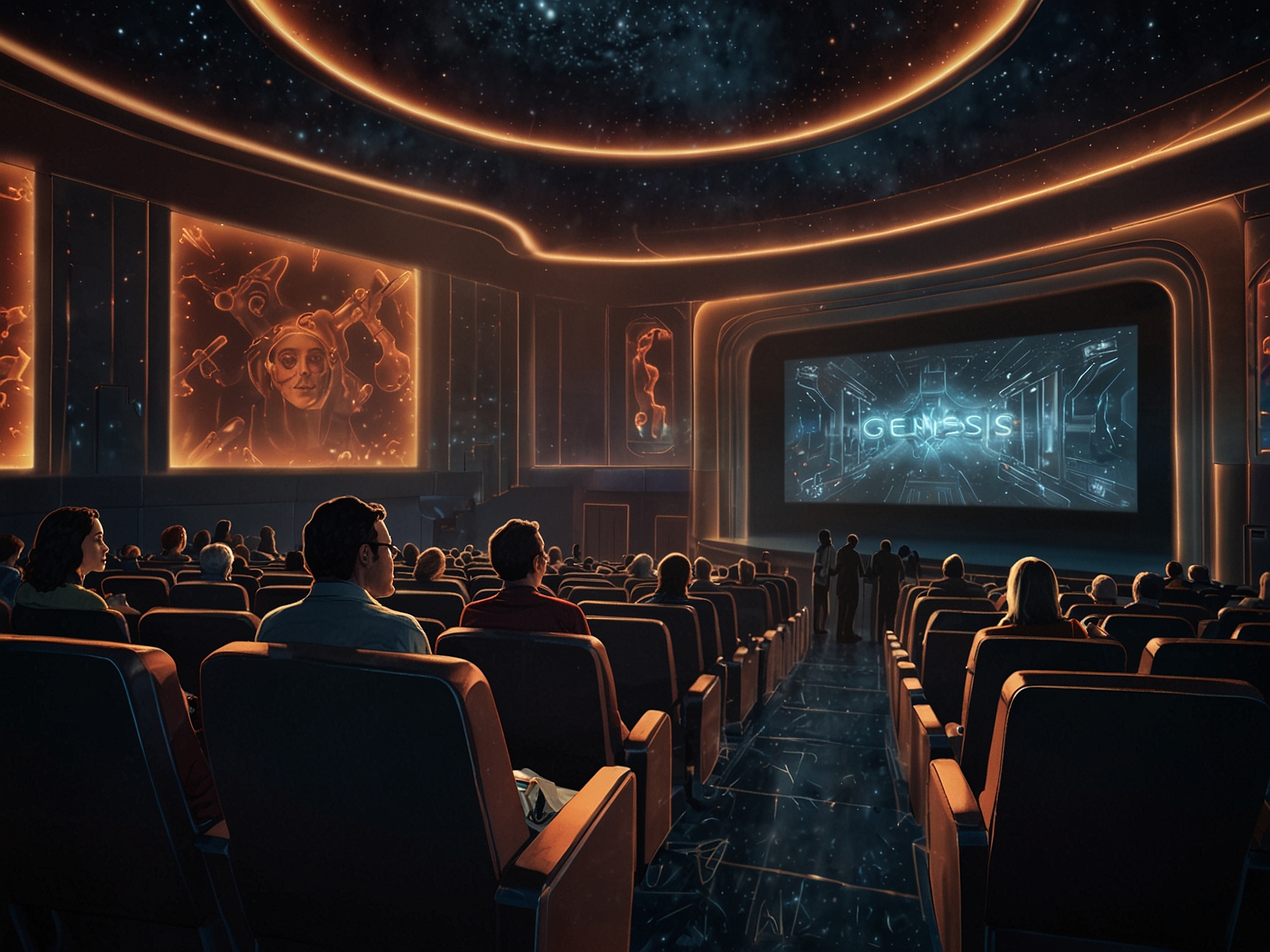 A futuristic movie theater screening 'Genesis Unbound,' the first film written entirely by artificial intelligence, sparking debates about the future of human writers in Hollywood.
