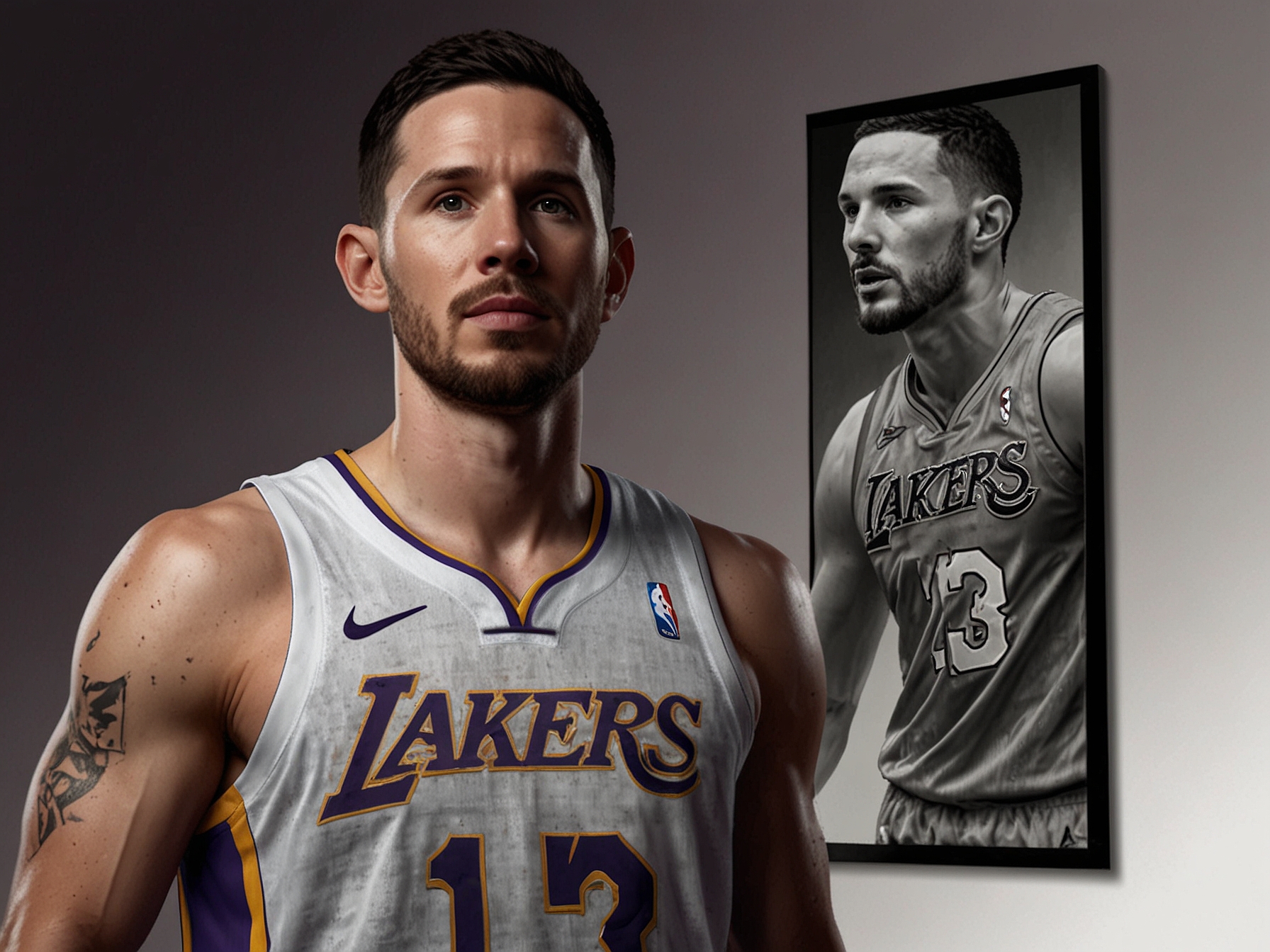 An image showing JJ Redick holding a Lakers jersey, symbolizing his transition from player to head coach for the team.