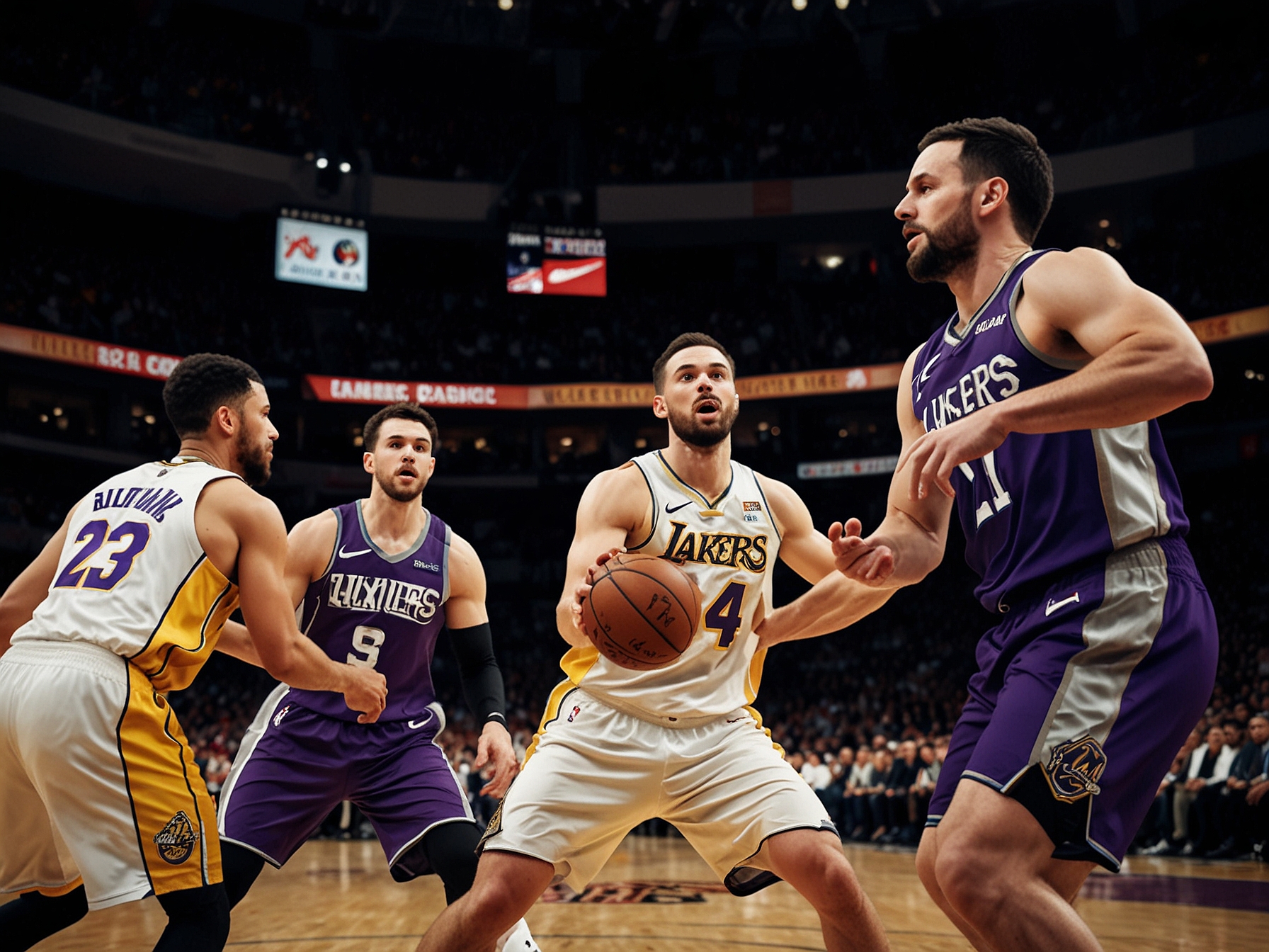 A dynamic shot of a Lakers' game with players in action, representing the team's anticipated shift to modern and innovative basketball strategies under Redick's coaching.