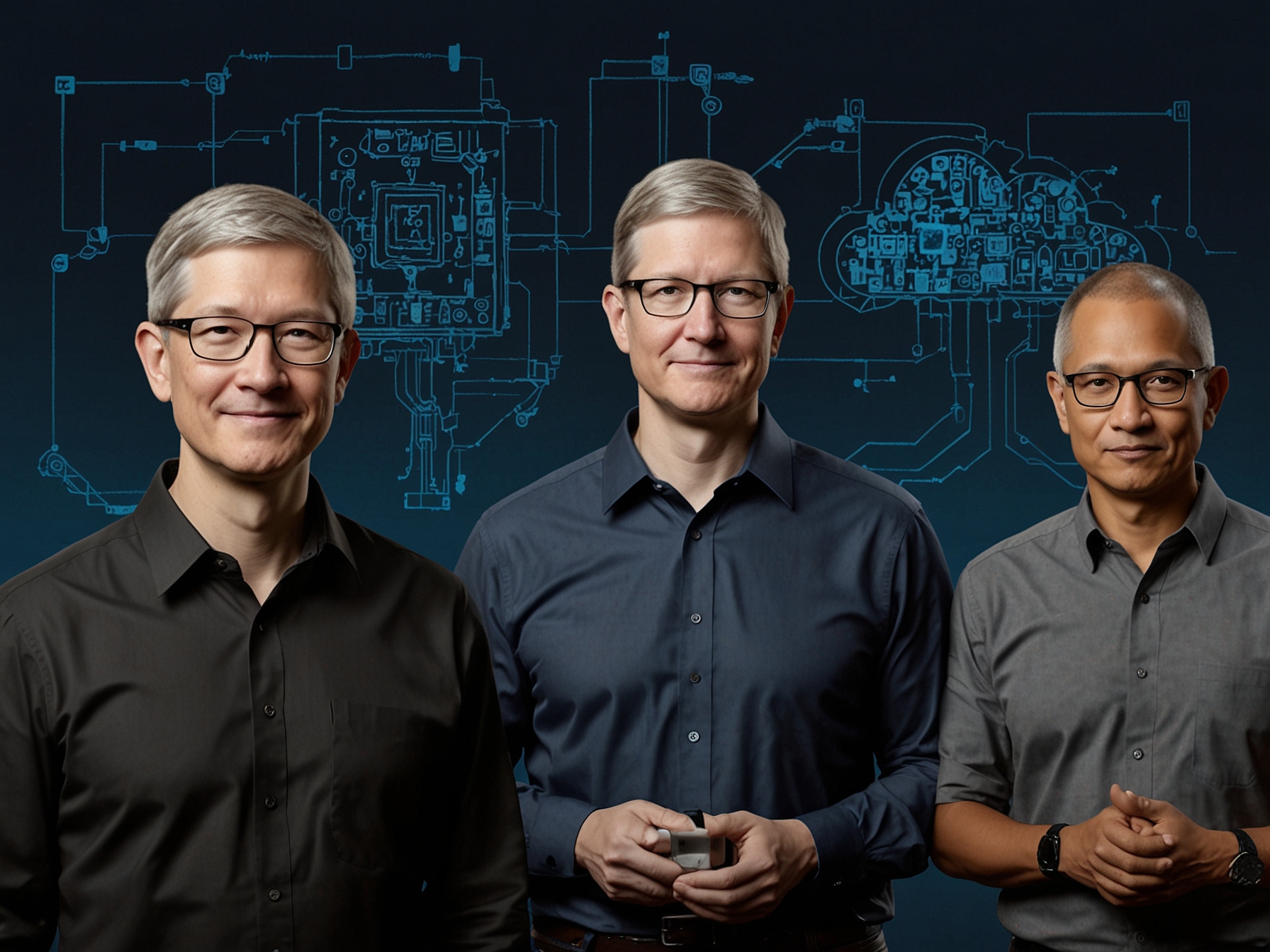 An illustration depicting Jensen Huang, Tim Cook, and Satya Nadella with symbolic elements of AI, cloud computing, and consumer devices to represent their leadership in tech innovation.