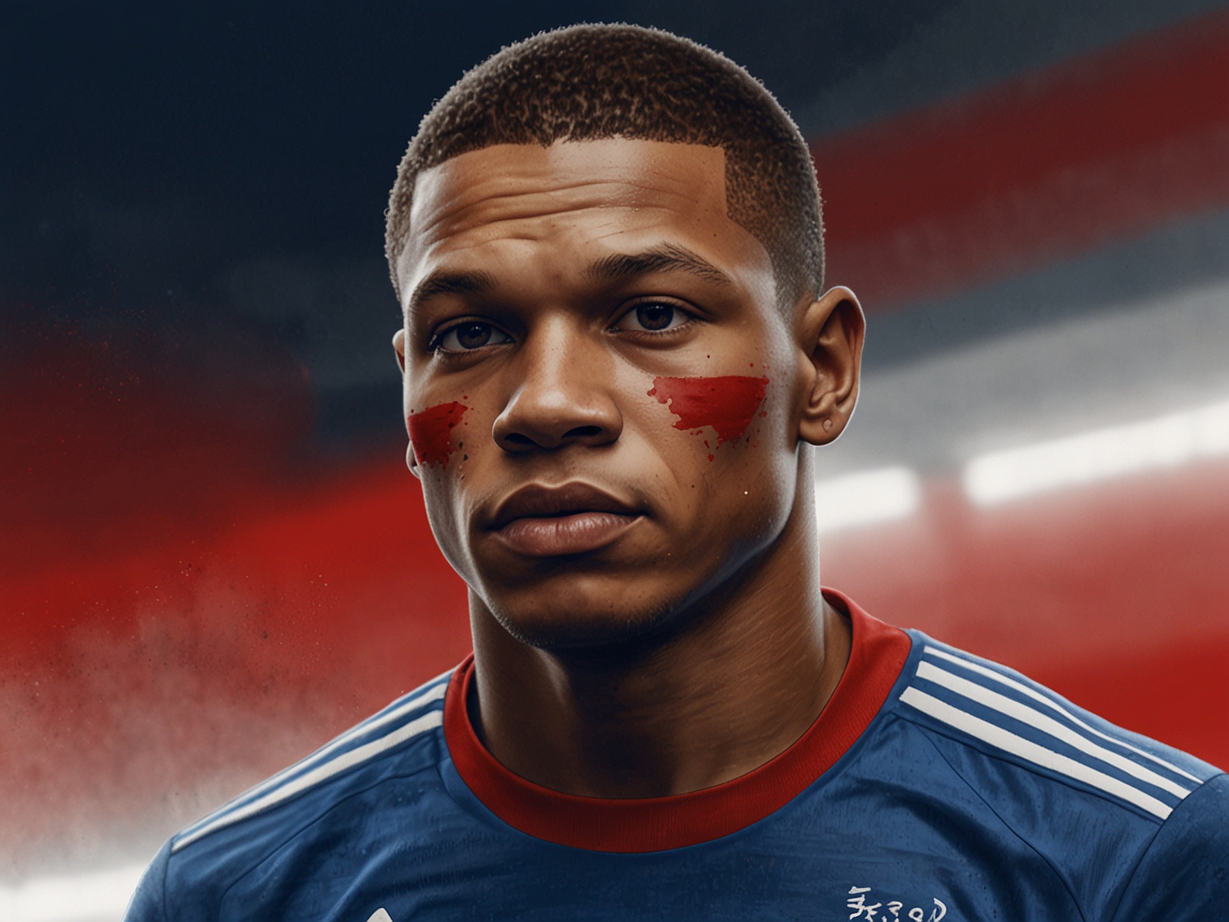 Kylian Mbappé trains intensely on the pitch in Leipzig, donning a striking blue, white, and red mask that represents the French flag, signaling his national pride and resilience.
