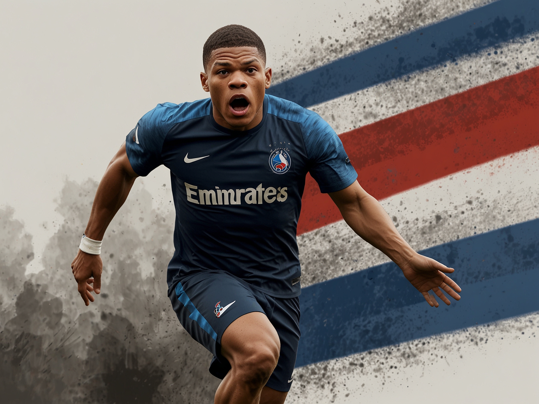 The French football star, Kylian Mbappé, showcases his agility and commitment during a training session, his face adorned with a protective tricolor mask, a symbol of both safety and patriotism.