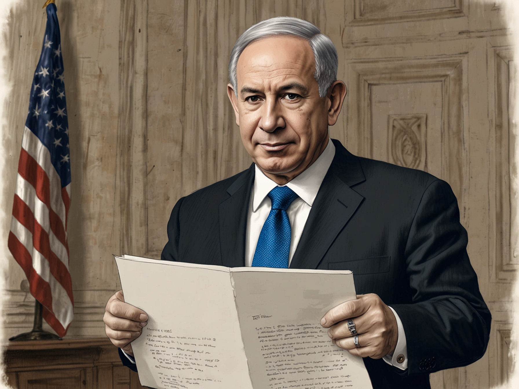 Prime Minister Benjamin Netanyahu holding a letter, accusing the Biden administration of bureaucratic delays in delivering vital precision-guided munitions essential for Israel’s defense.