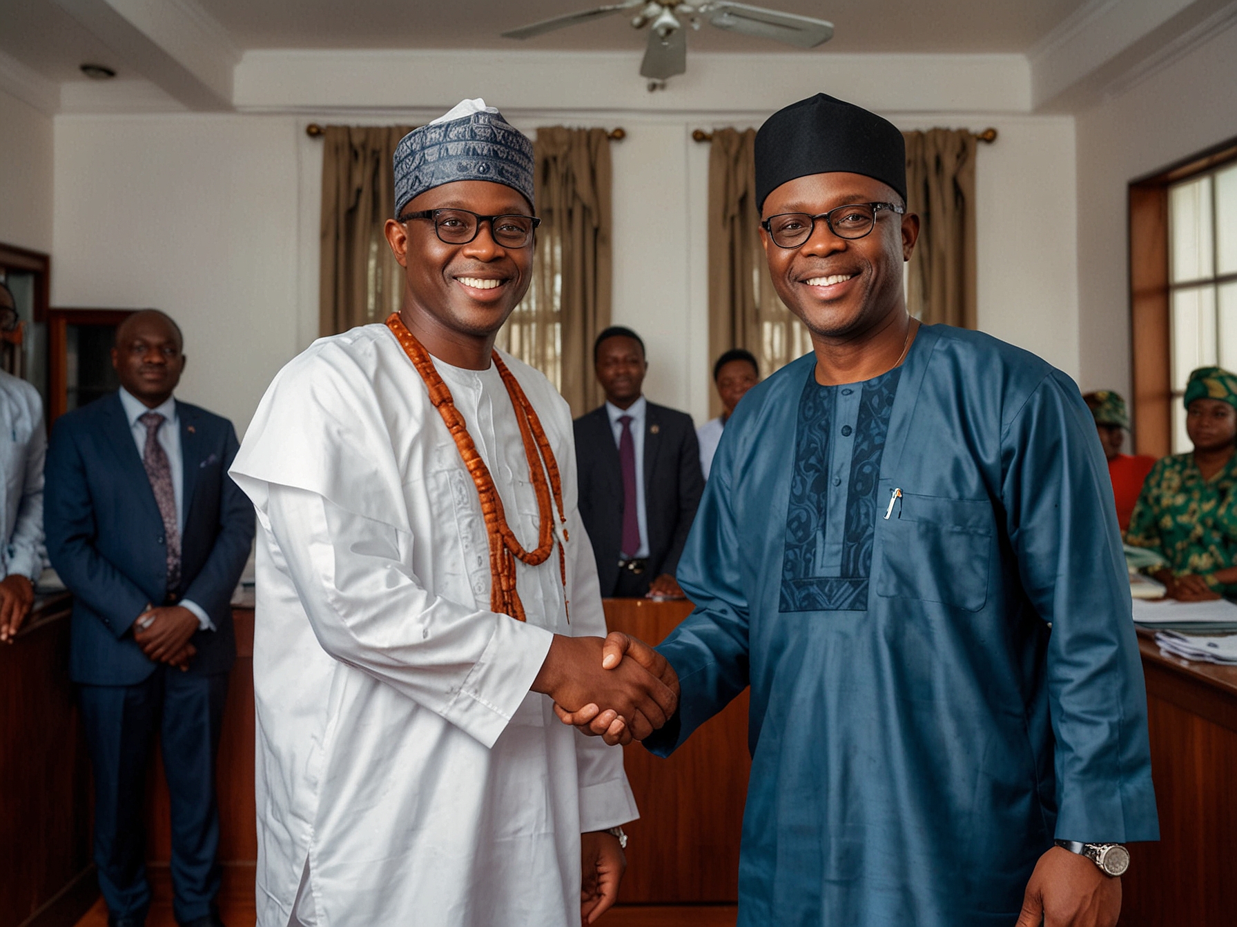 Olusola Oke shaking hands with Governor Lucky Aiyedatiwa, symbolizing his support and alliance ahead of the Ondo State gubernatorial election.