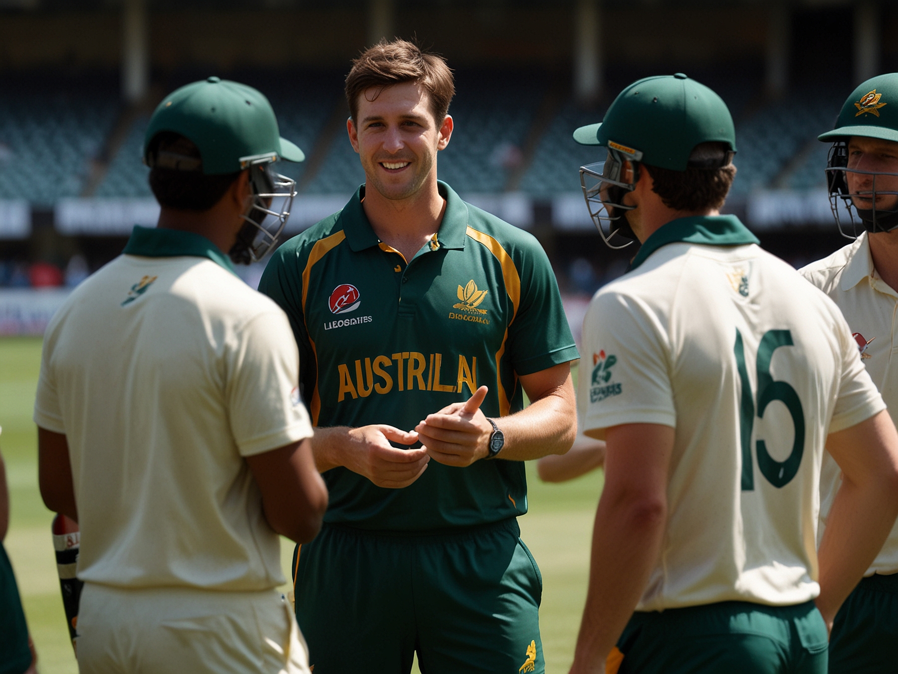 Australian captain Mitch Marsh discussing strategy with teammates on the field ahead of the Super 8s opener against Bangladesh, demonstrating team unity and focus.