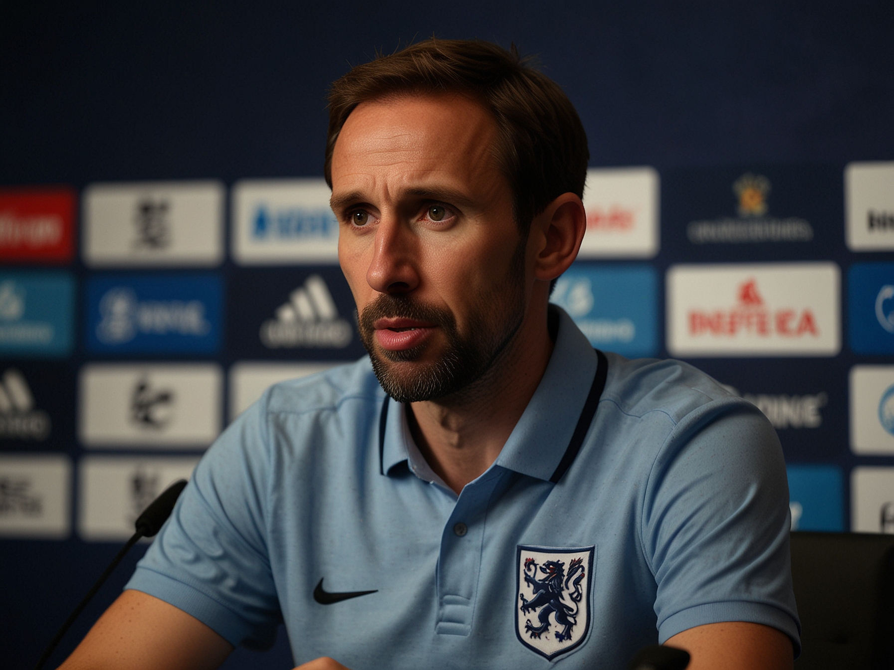 England manager Gareth Southgate addressing the media at a press conference, stressing the need for players to adapt to challenging pitch conditions after the draw against Denmark.