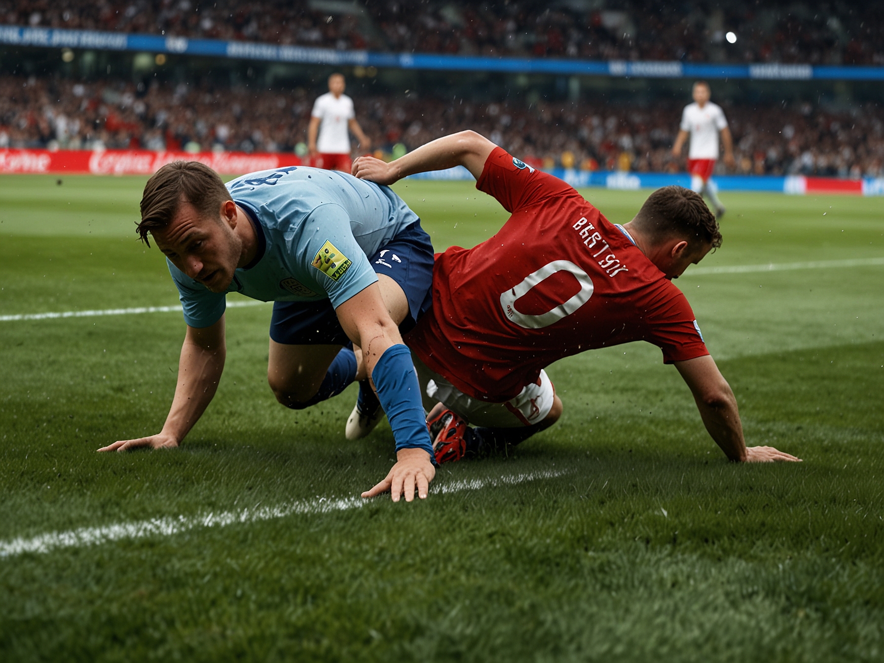 Players slipping on the uneven and wet turf at Frankfurt Arena during the England vs Denmark match, highlighting the challenging pitch conditions that impacted the game's flow and player performance.