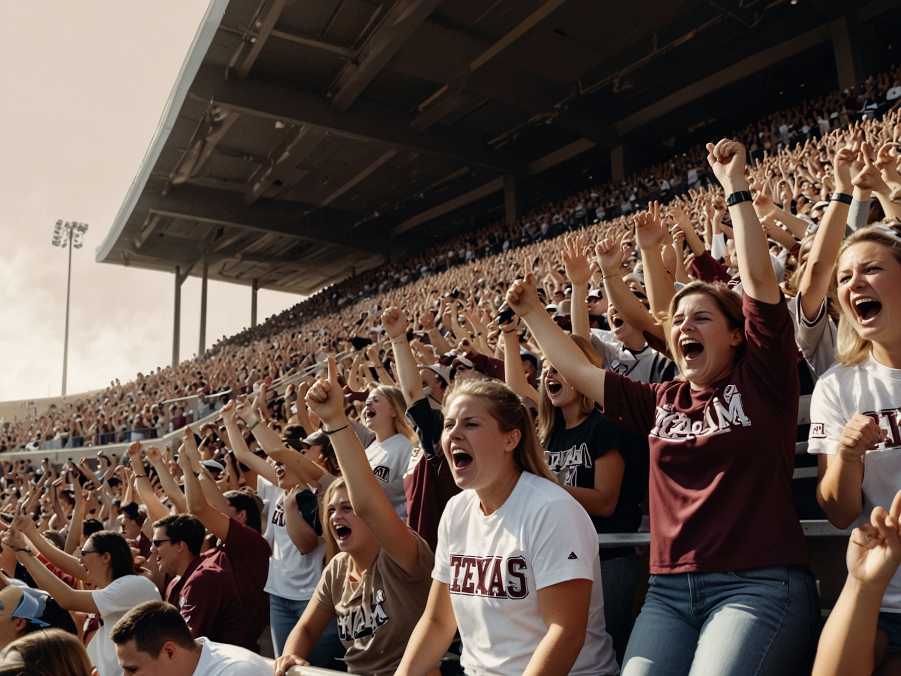Texas A&M fans passionately cheer in the packed Omaha stadium, flaunting school colors, creating an electric atmosphere before the altercation with Florida’s dugout escalates.