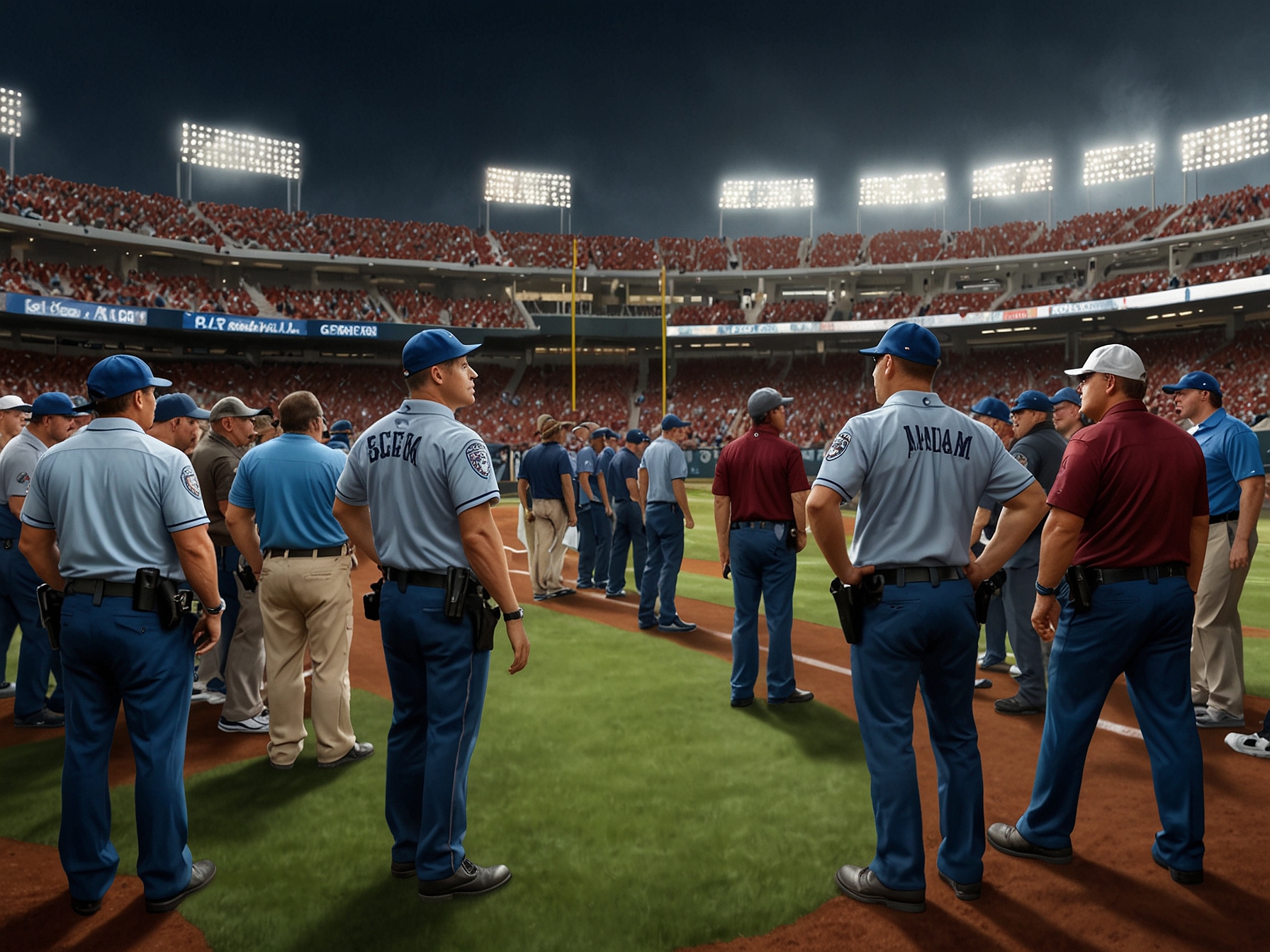 Stadium security intervenes as Texas A&M supporters and Florida players engage in heated exchanges, capturing the volatility of sports rivalries at the College World Series game.