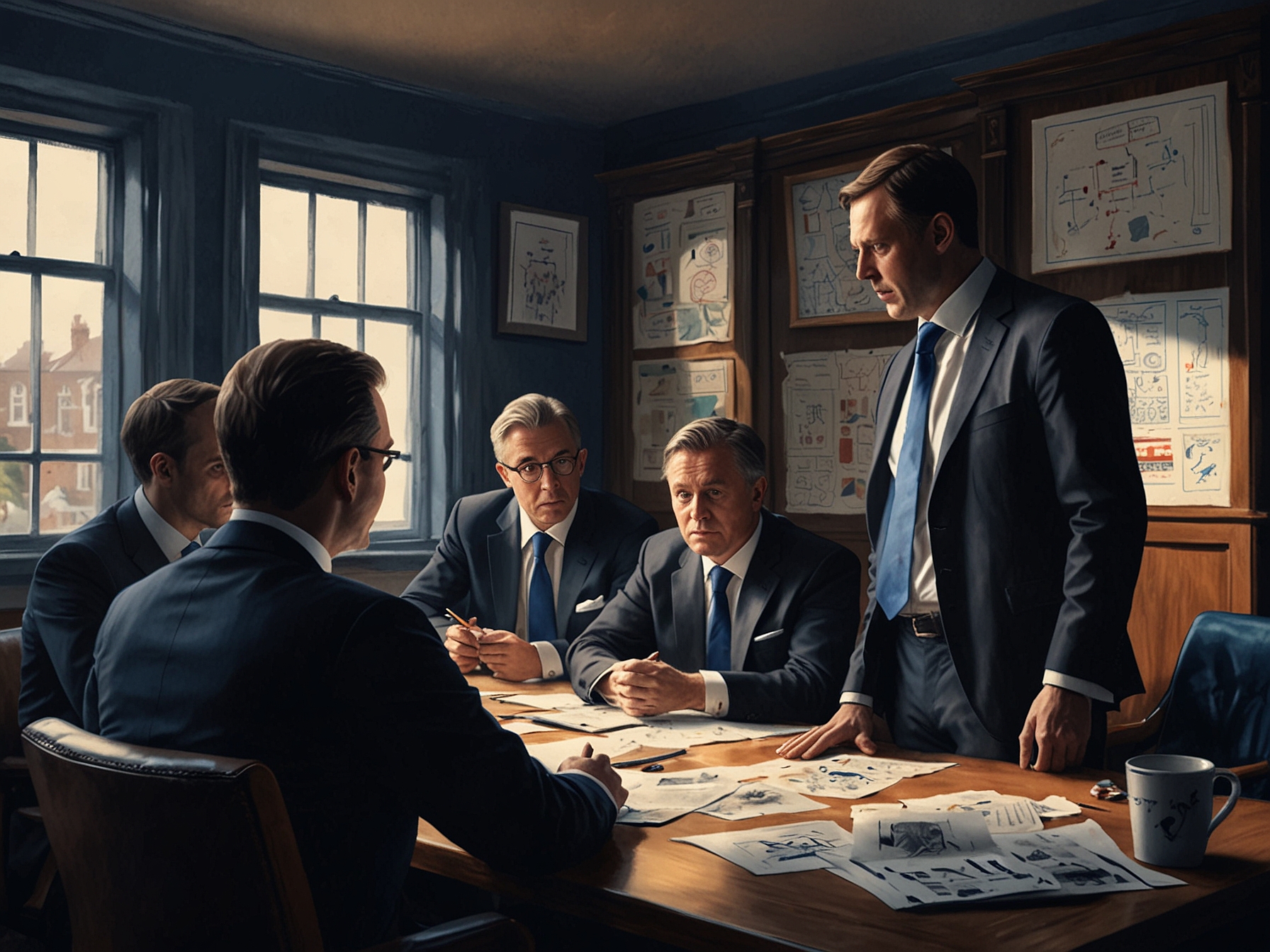 An illustration showing Everton's management team deliberating on financial strategies, including player sales and salary adjustments, to navigate through this pivotal summer period.
