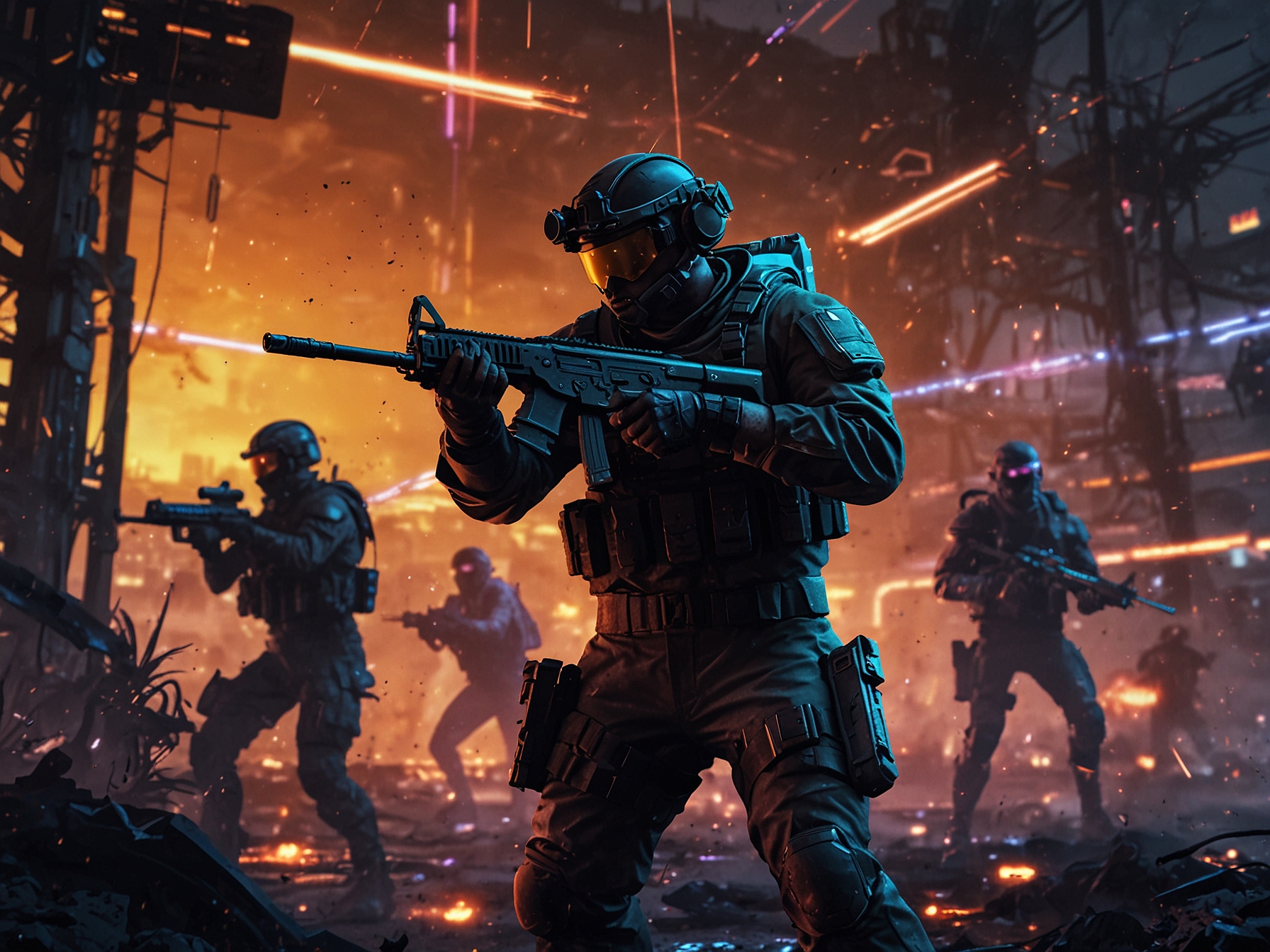 An exhilarating image of a futuristic, neon-lit battlefield from Call of Duty: Mobile Season 5: Digital Dusk. Players are seen engaging in intense combat using high-tech weaponry under glowing cyberpunk aesthetics.