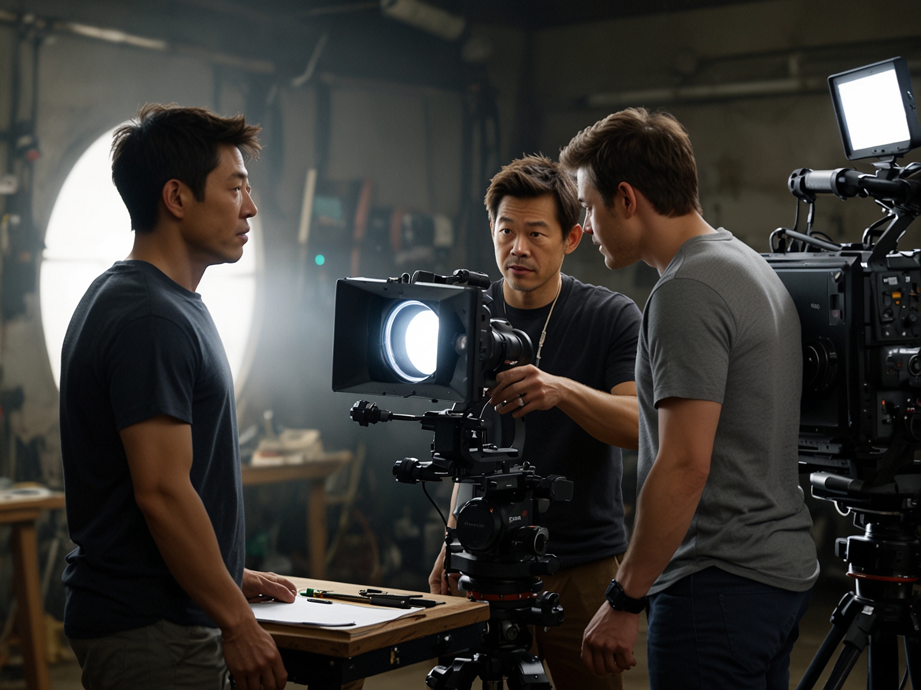 The collaborative duo of James Wan and Jason Blum discussing scenes on set, surrounded by cameras and crew, showcasing the meticulous and innovative approach to filmmaking for Soulm8te.