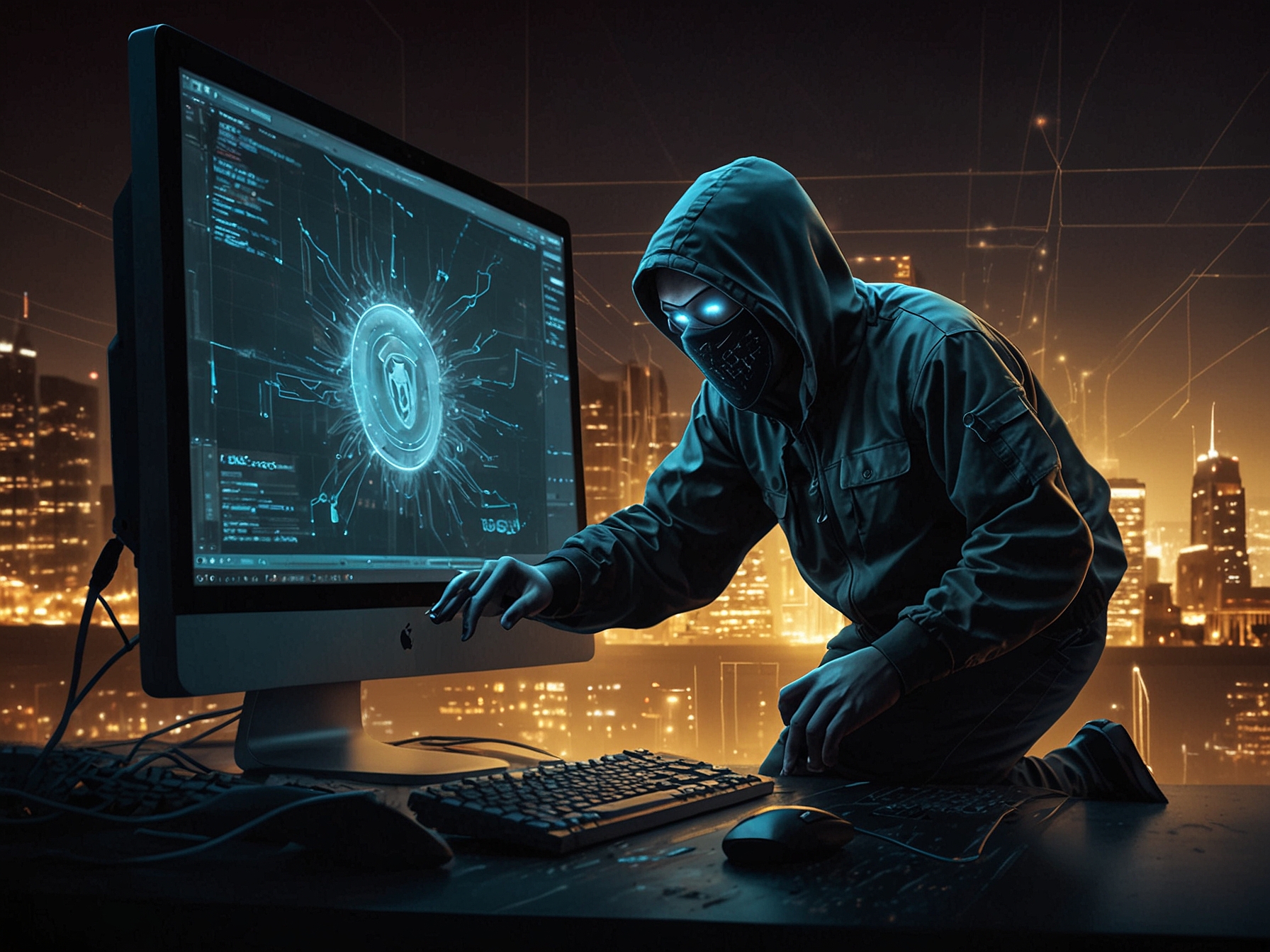 An illustration of a hacker breaching a company's cybersecurity defenses, symbolizing the RansomHub cyberattack that exposed 750,000 Frontier Communications customers' data.