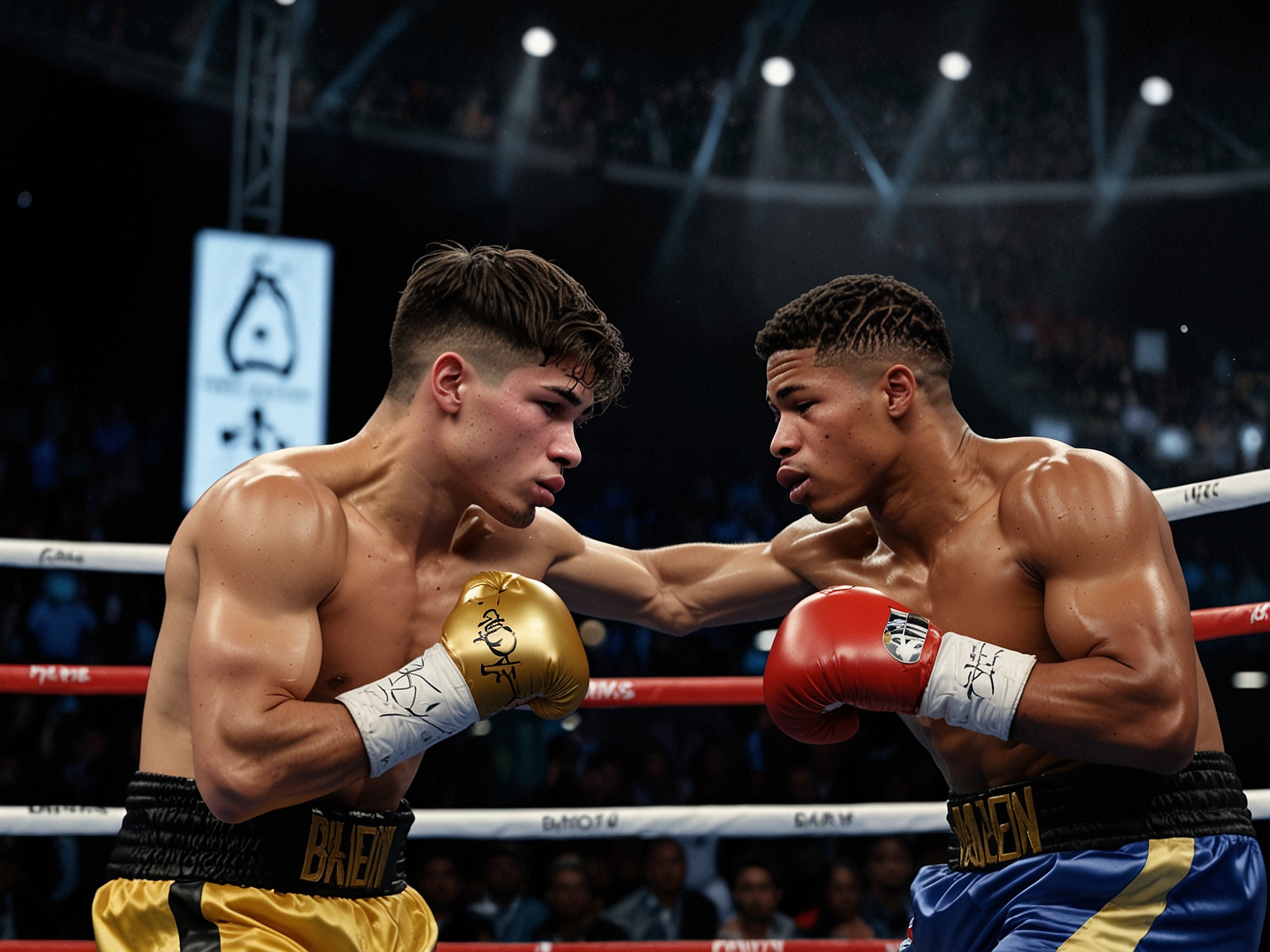 Ryan Garcia in a tense boxing match against Devin Haney, highlighting the intensity of the bout now under scrutiny due to Garcia's doping scandal.