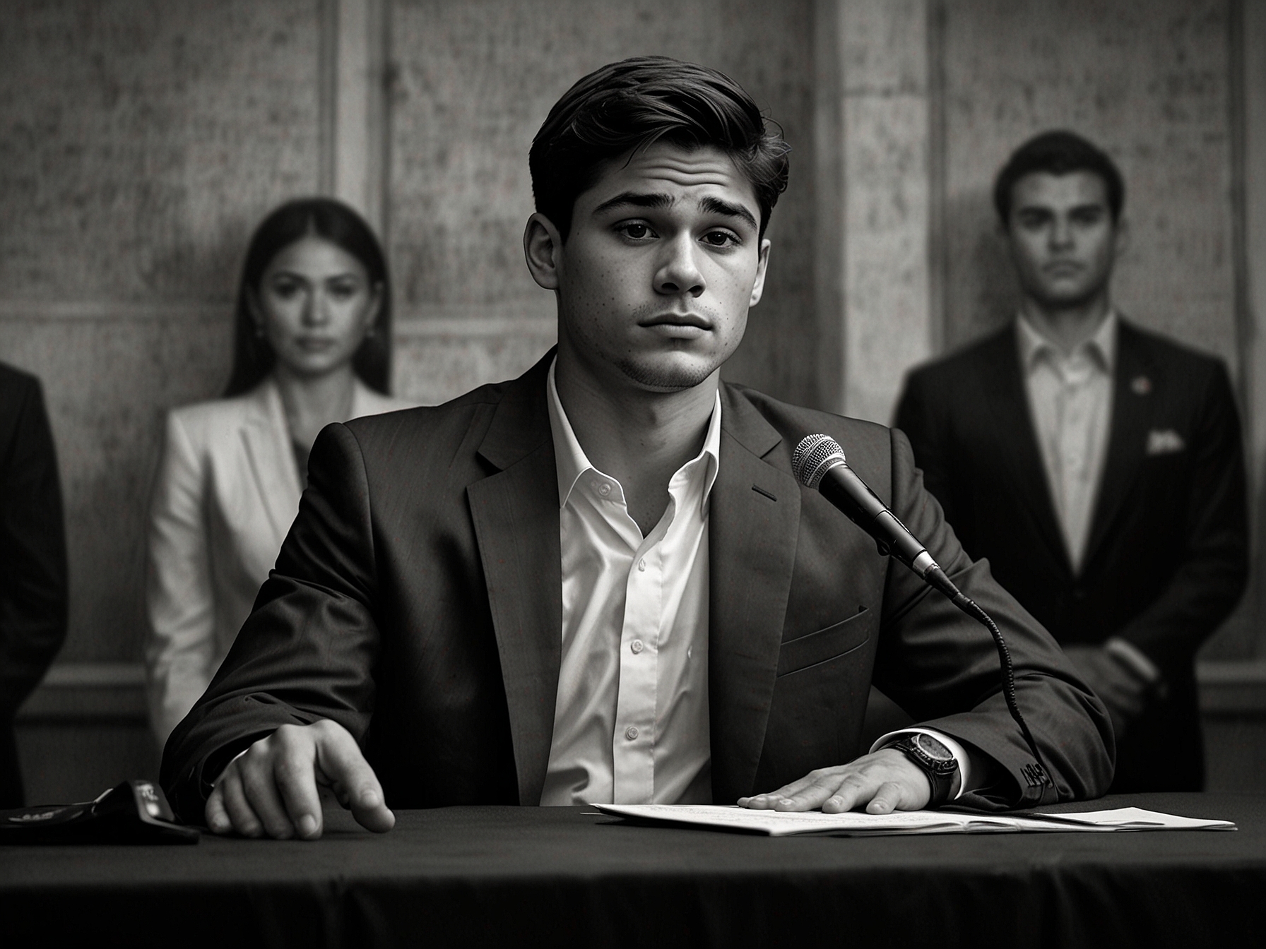 A portrait of Ryan Garcia expressing remorse at a press conference, addressing the doping accusations and his commitment to cooperate with ongoing investigations.