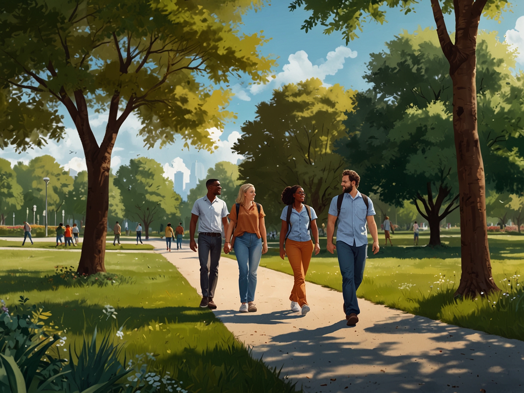 A group of diverse individuals walking in a park, enjoying the outdoors. This conveys the social and community aspects of walking while promoting physical and mental health.