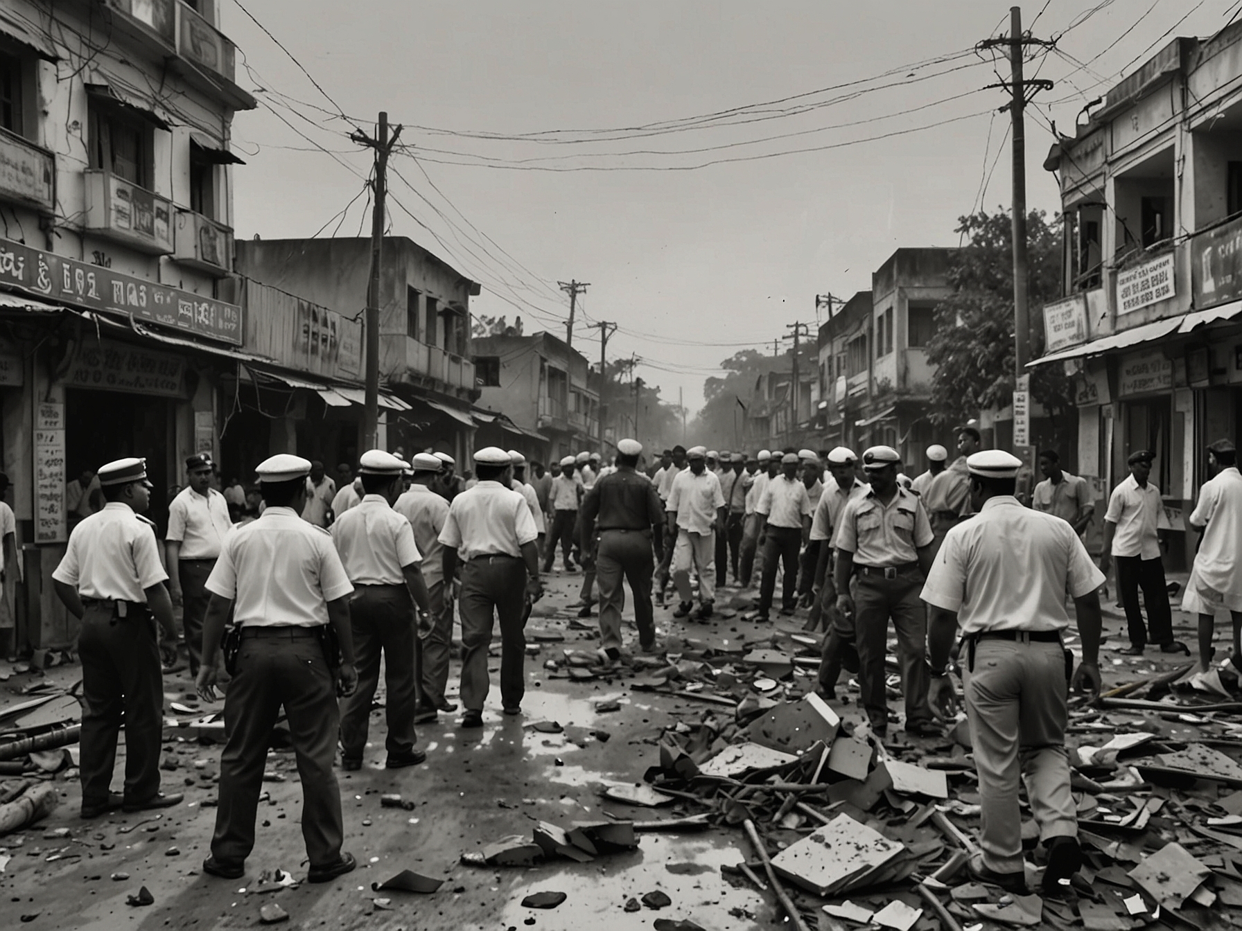 A chaotic scene in Bhupatinagar, East Midnapore, depicting the aftermath of the alleged attack on the Trinamool Congress booth leader with police officers examining the area.