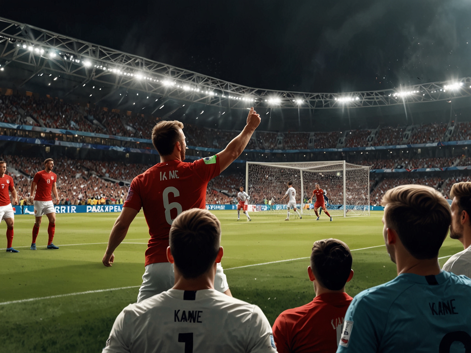An intense moment from the England vs Denmark match at Euro 2024, showing England's Harry Kane scoring a sensational goal amidst a fierce contest, with fans erupting in celebration.