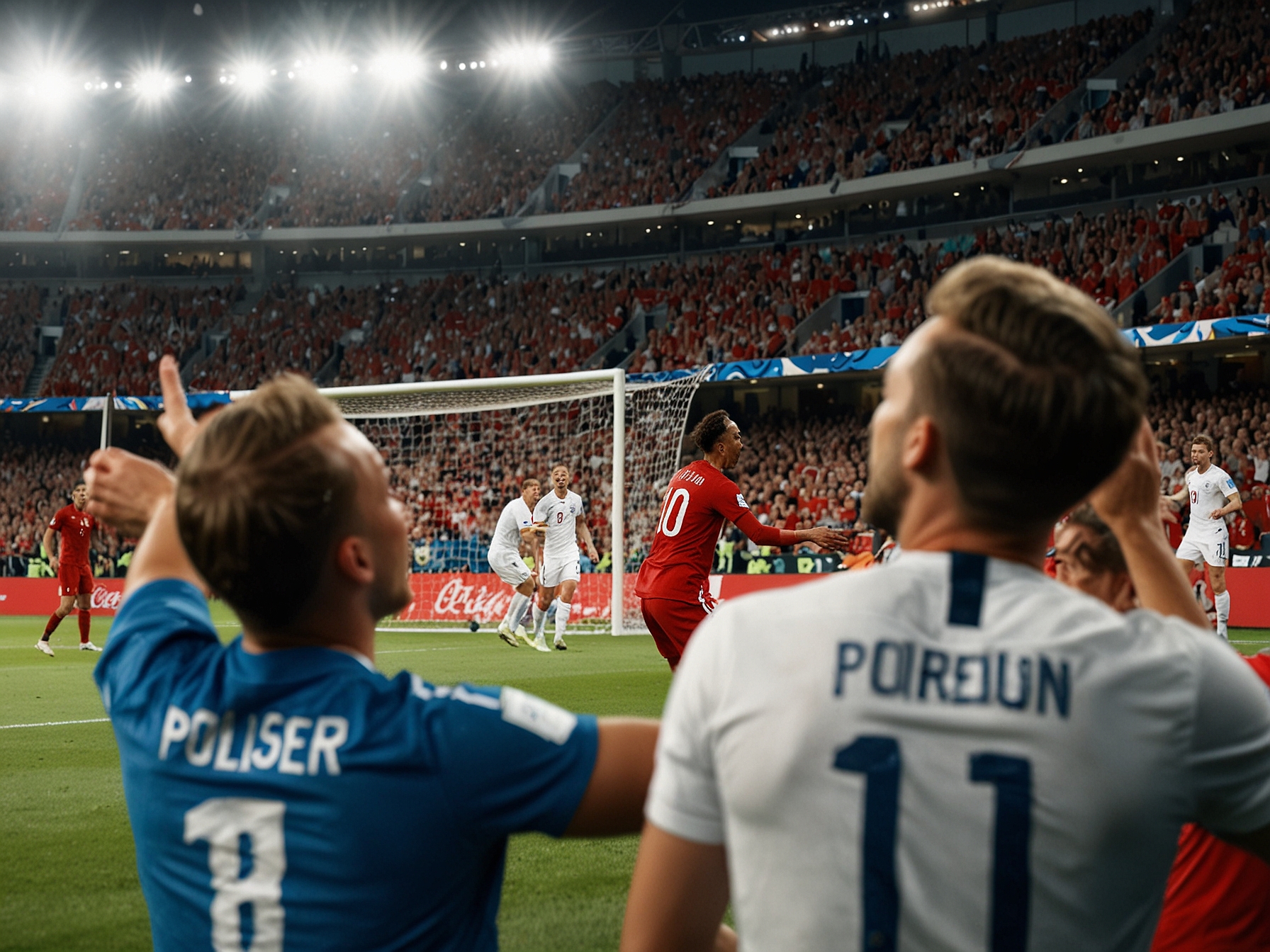 Denmark's Yussuf Poulsen scores the equalizing goal against England, showcasing the high stakes and dramatic intensity of the Euro 2024 clash, with Danish fans cheering loudly.