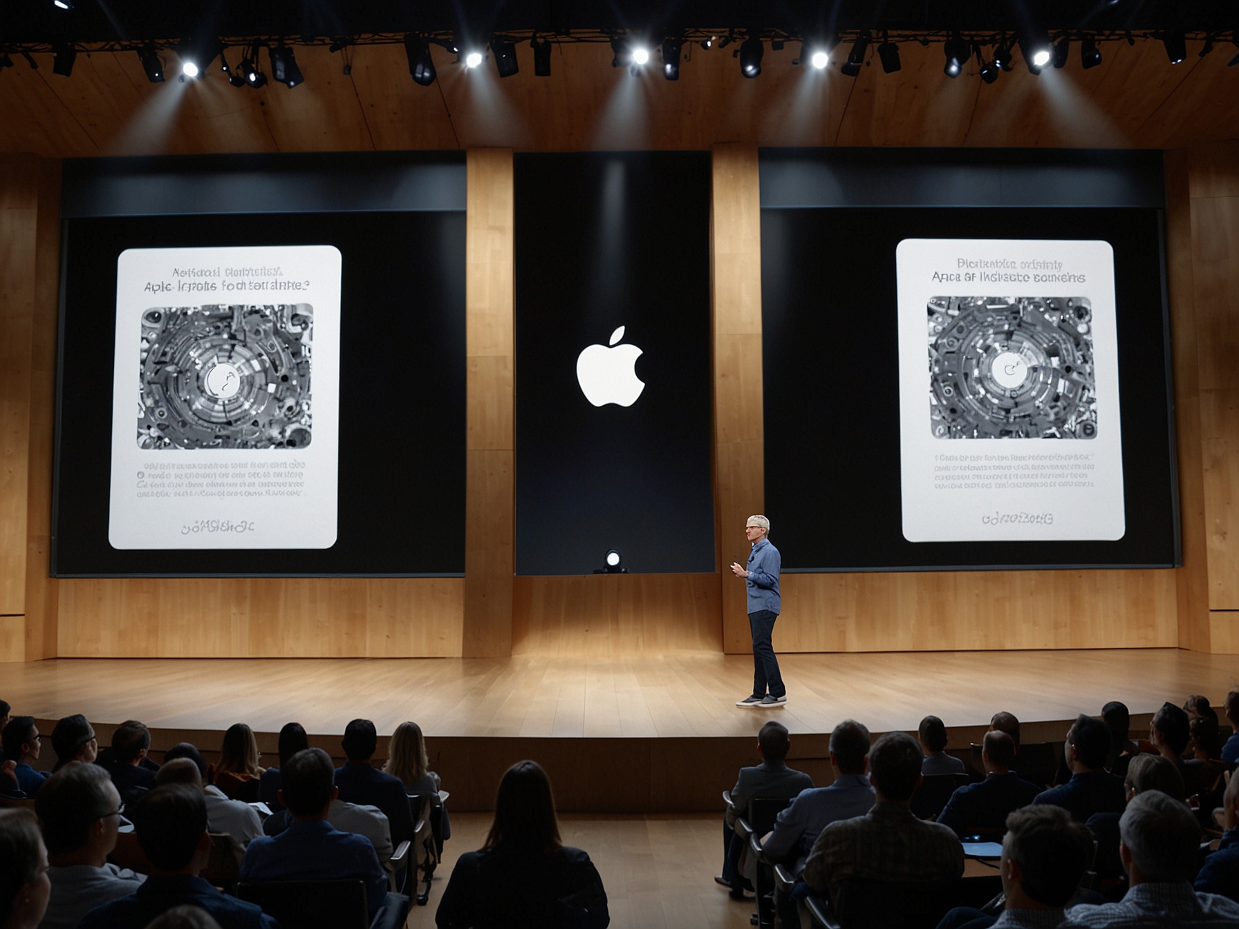 Apple CEO presenting the Apple Intelligence AI suite at WWDC, highlighting features like text summarization and AI-powered image generation, reflecting its ambitious global launch plans.