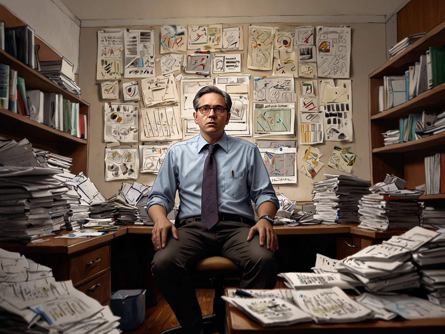 A stressed Vodafone Idea executive in a cluttered office, amidst piles of documents and reports, highlighting the company’s financial struggles and uncertain loan prospects.