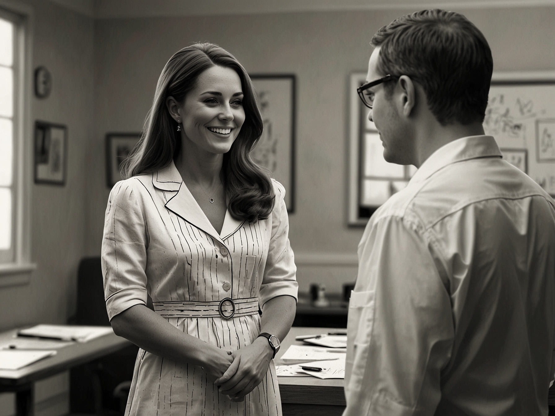 Kate Middleton, dressed elegantly, interacting with healthcare staff, providing words of encouragement and showing her unwavering support during a challenging time.