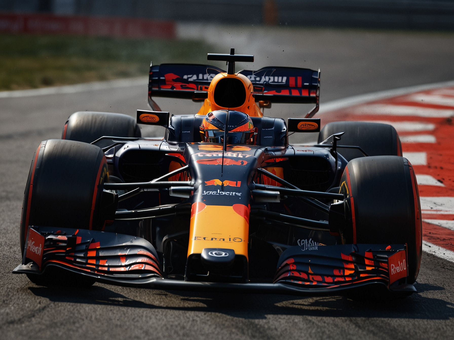 A focused Max Verstappen driving his Red Bull RB19 during a practice session at the Circuit de Catalunya, highlighting the car's speed and aerodynamic design.
