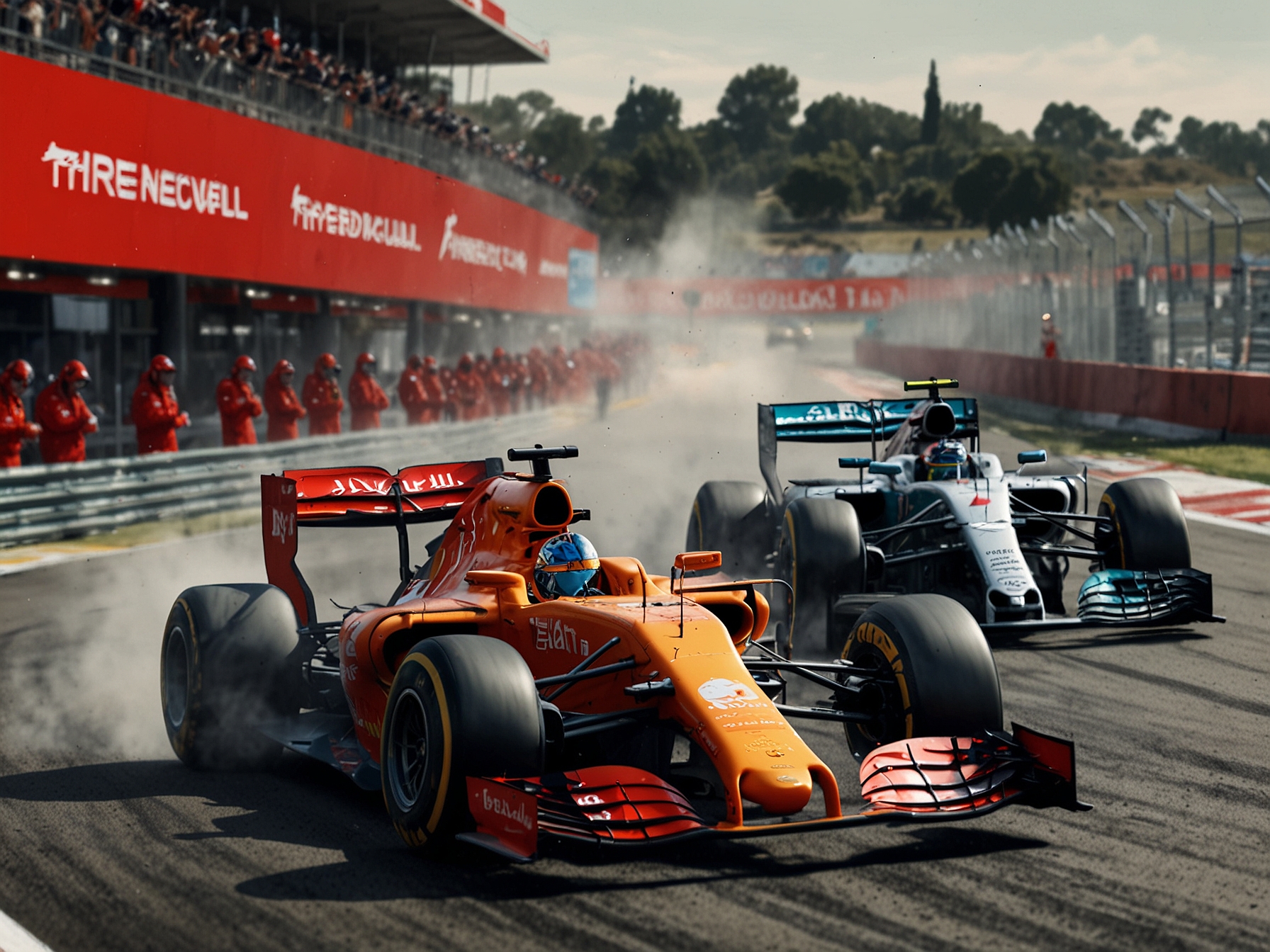 A competitive scene featuring cars from Red Bull Racing, McLaren, Ferrari, and Mercedes on the Circuit de Catalunya, symbolizing the intense rivalry and tight competition.