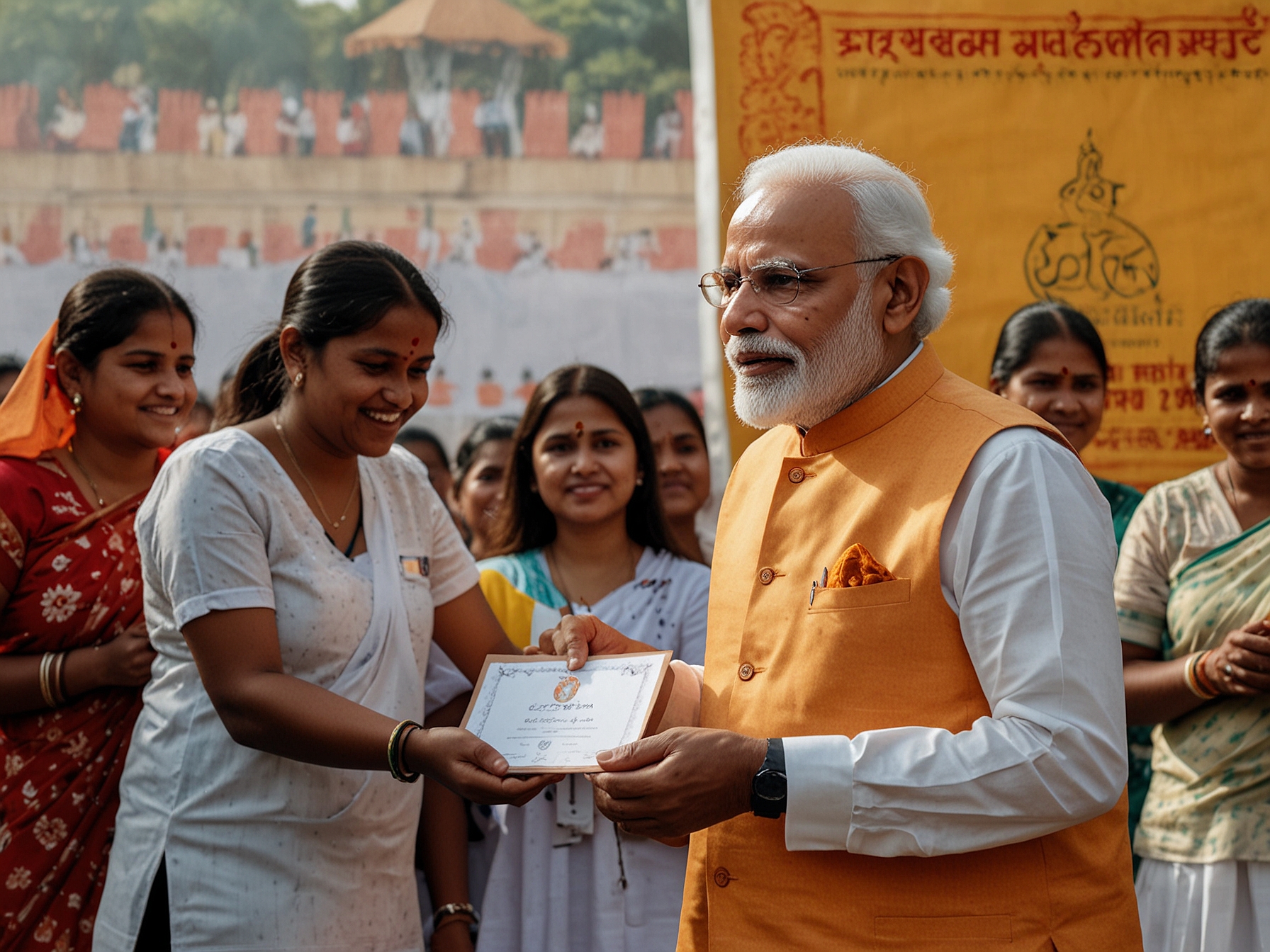 PM Modi presenting certificates to over 30,000 women from self-help groups at the PM Kisan Samman Sammelan in Varanasi, symbolizing women's financial independence and empowerment.