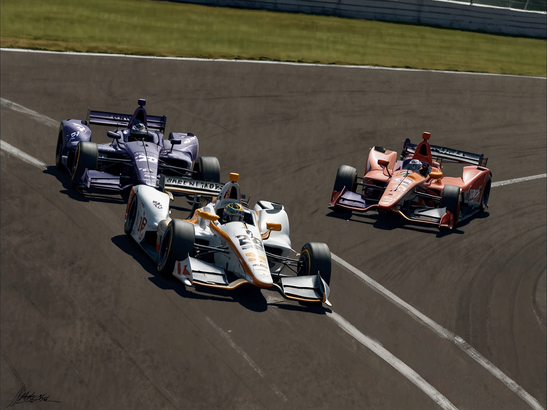 A high-energy shot of Meyer Shank Racing and Andretti Global cars racing side-by-side on an IndyCar track, emphasizing their shared commitment and collaborative effort during the race.