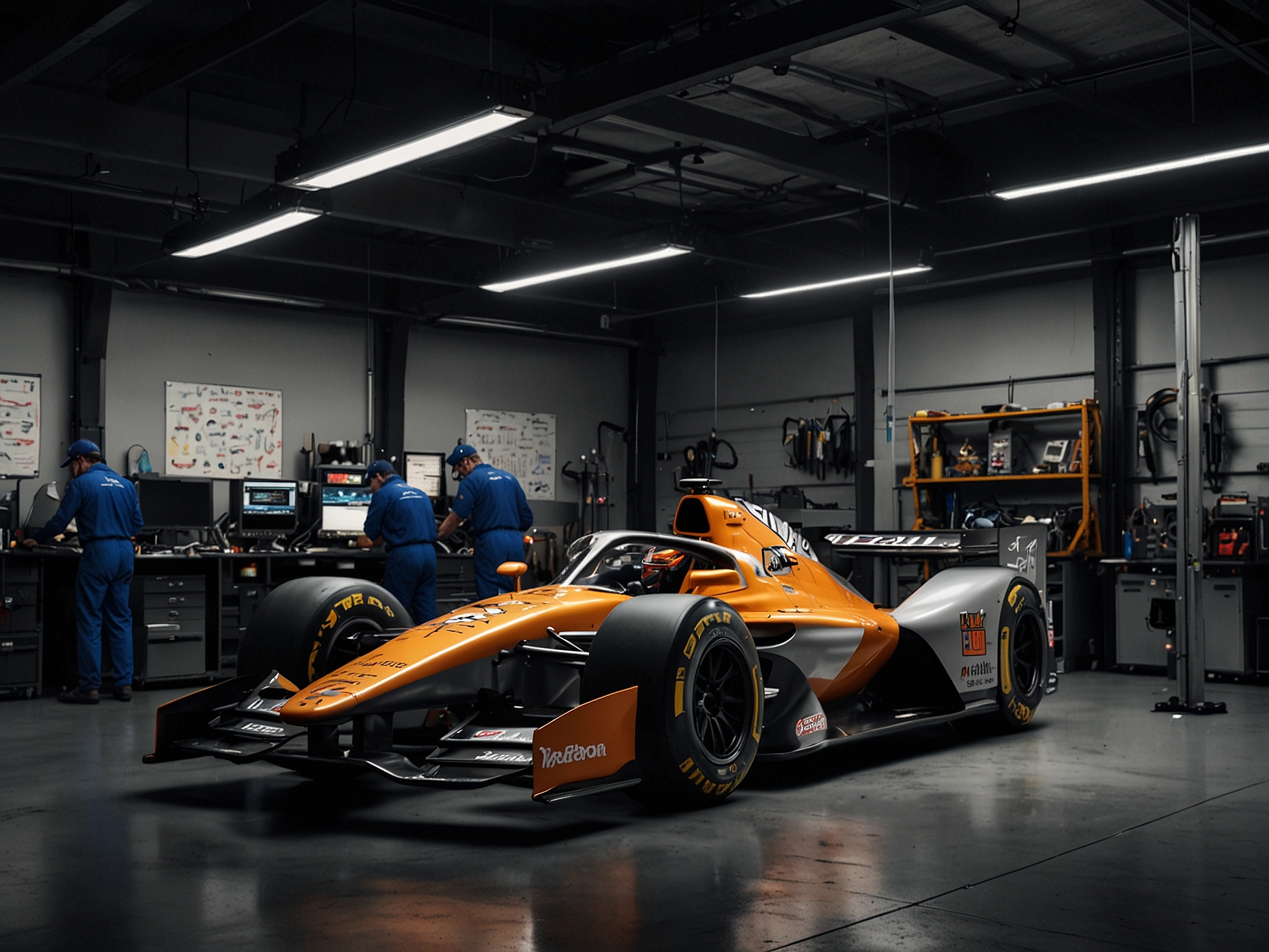 Engineers from both Meyer Shank Racing and Andretti Global collaborate in a high-tech garage, surrounded by simulation tools and advanced data analytics screens, highlighting their technical partnership.
