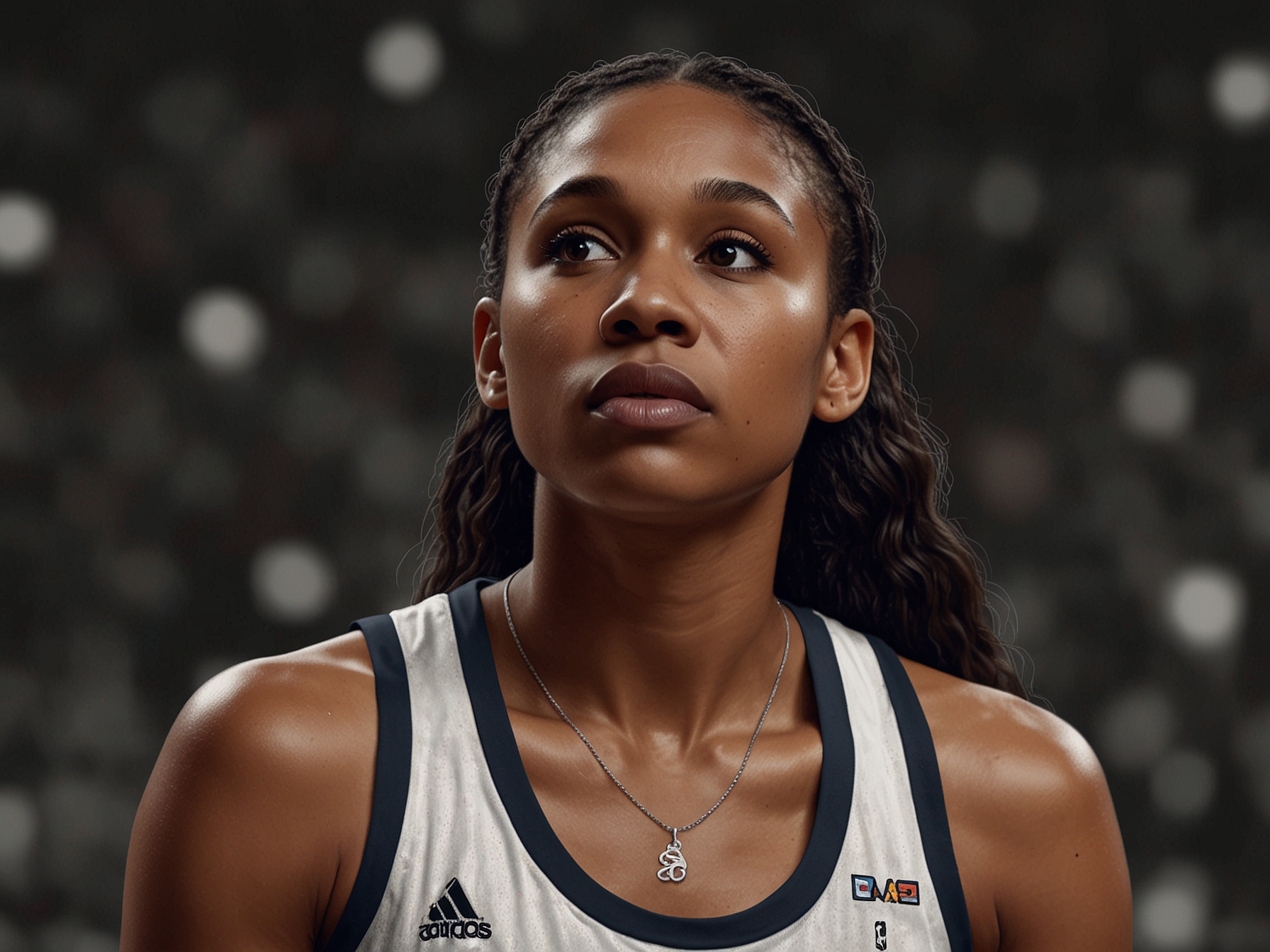 Angel Reese, in a WNBA game, standing on the court looking pensive, symbolizing her recent shift towards a more humble and reflective mindset.