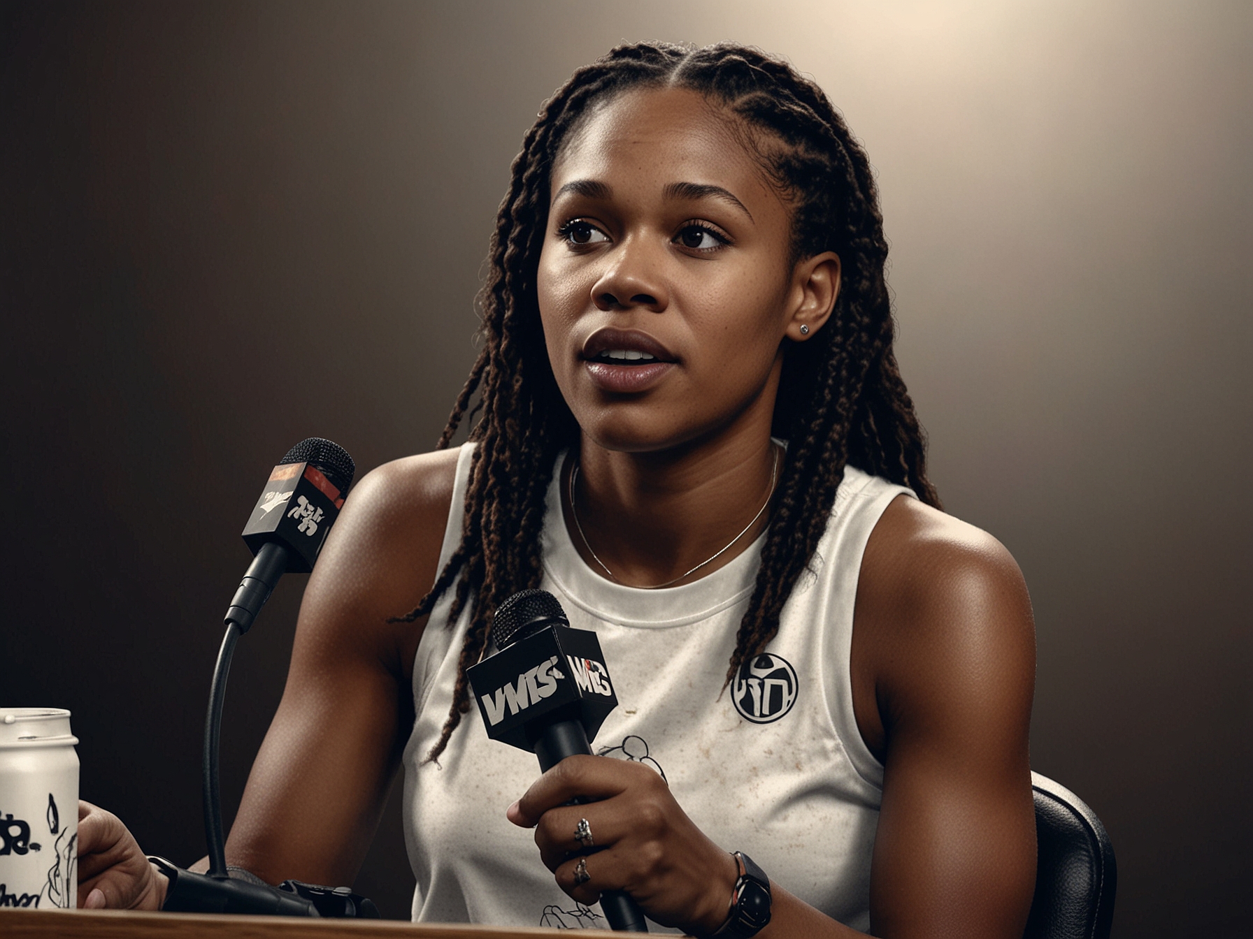 Angel Reese addressing the press after a WNBA game, showing her candid and grounded side as she speaks about her personal and professional growth.