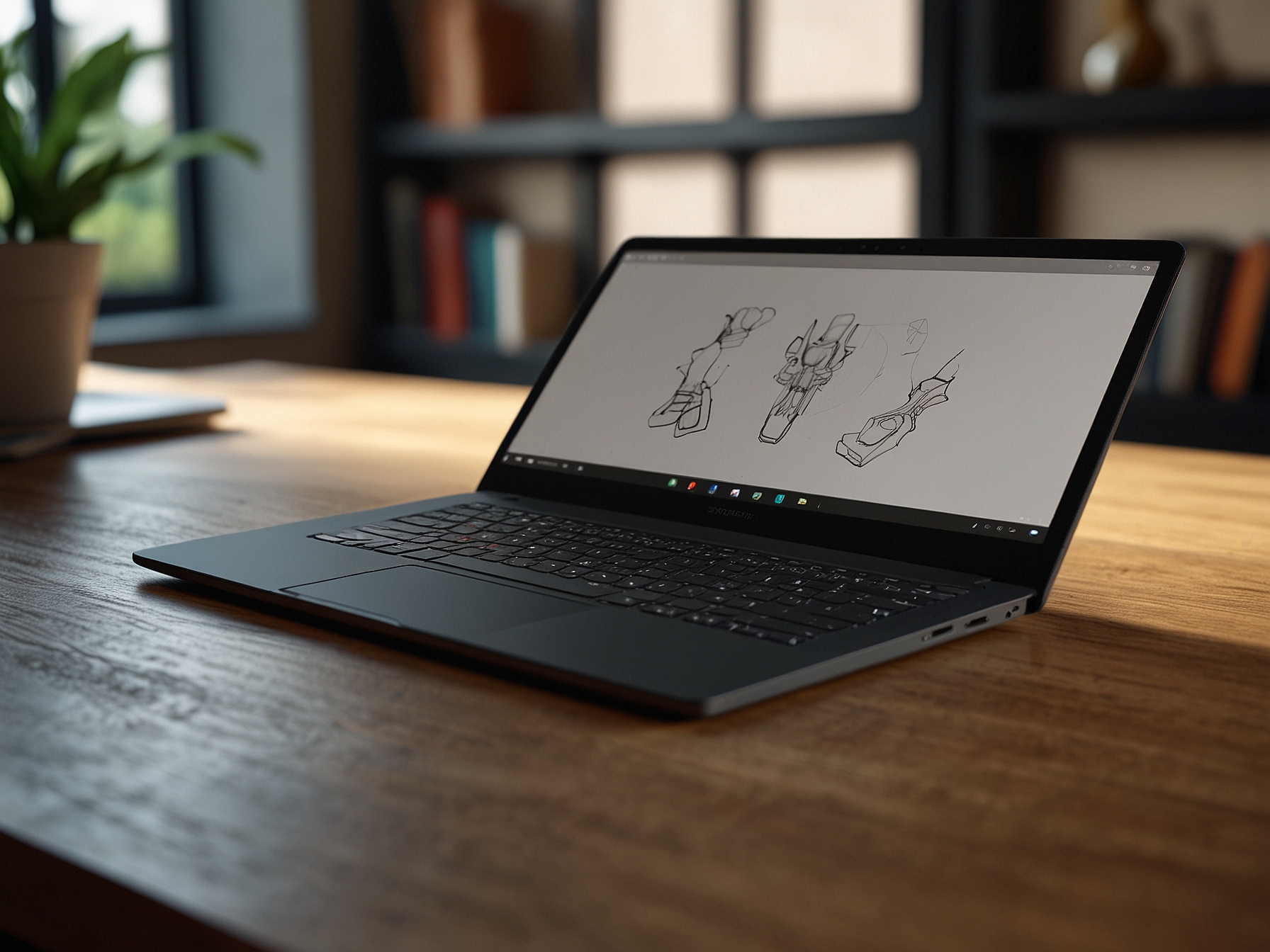 A sleek, modern Snapdragon X Elite laptop open on a desk, displaying its slim profile and elegant design, symbolizing cutting-edge technology and premium aesthetics.