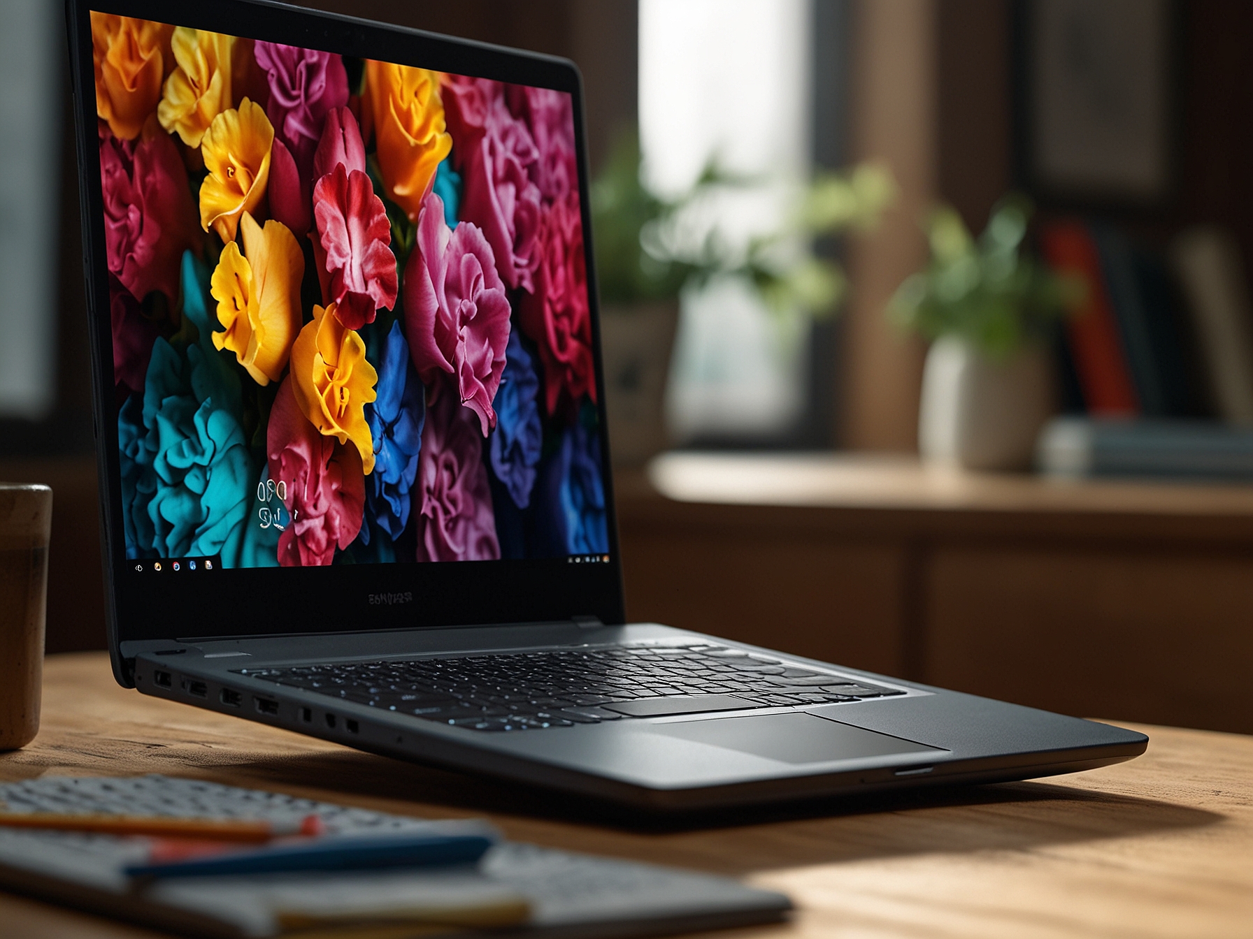 A Snapdragon X Elite laptop in use, highlighting its vibrant display and multitasking capabilities, with various demanding applications running smoothly, signifying its powerful performance.