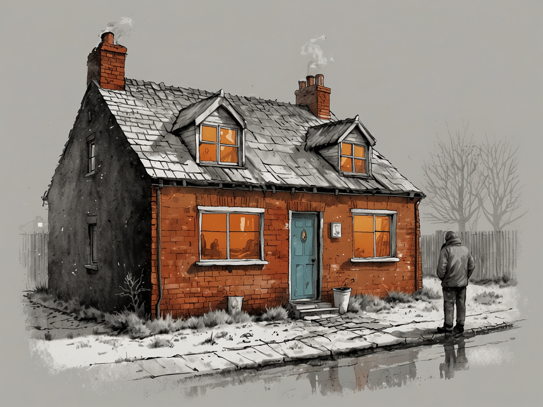 A poorly insulated UK home with a tenant struggling to keep warm, illustrating the real-life impact of fuel poverty that Labour's new initiatives aim to address.