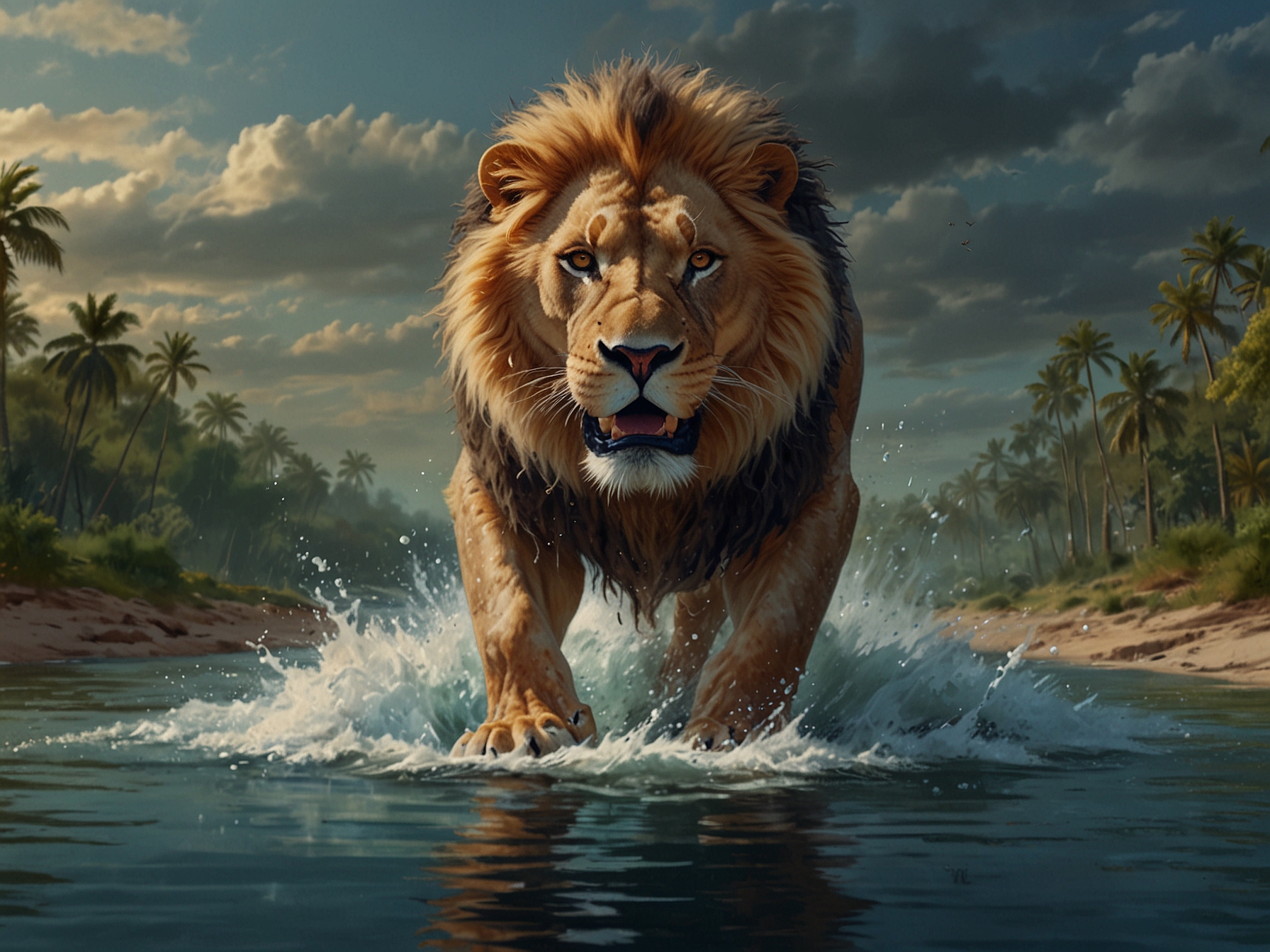 Jacob, the three-legged lion, cautiously approaches the edge of a crocodile-filled channel, setting the scene for his remarkable and dangerous swim across the river.