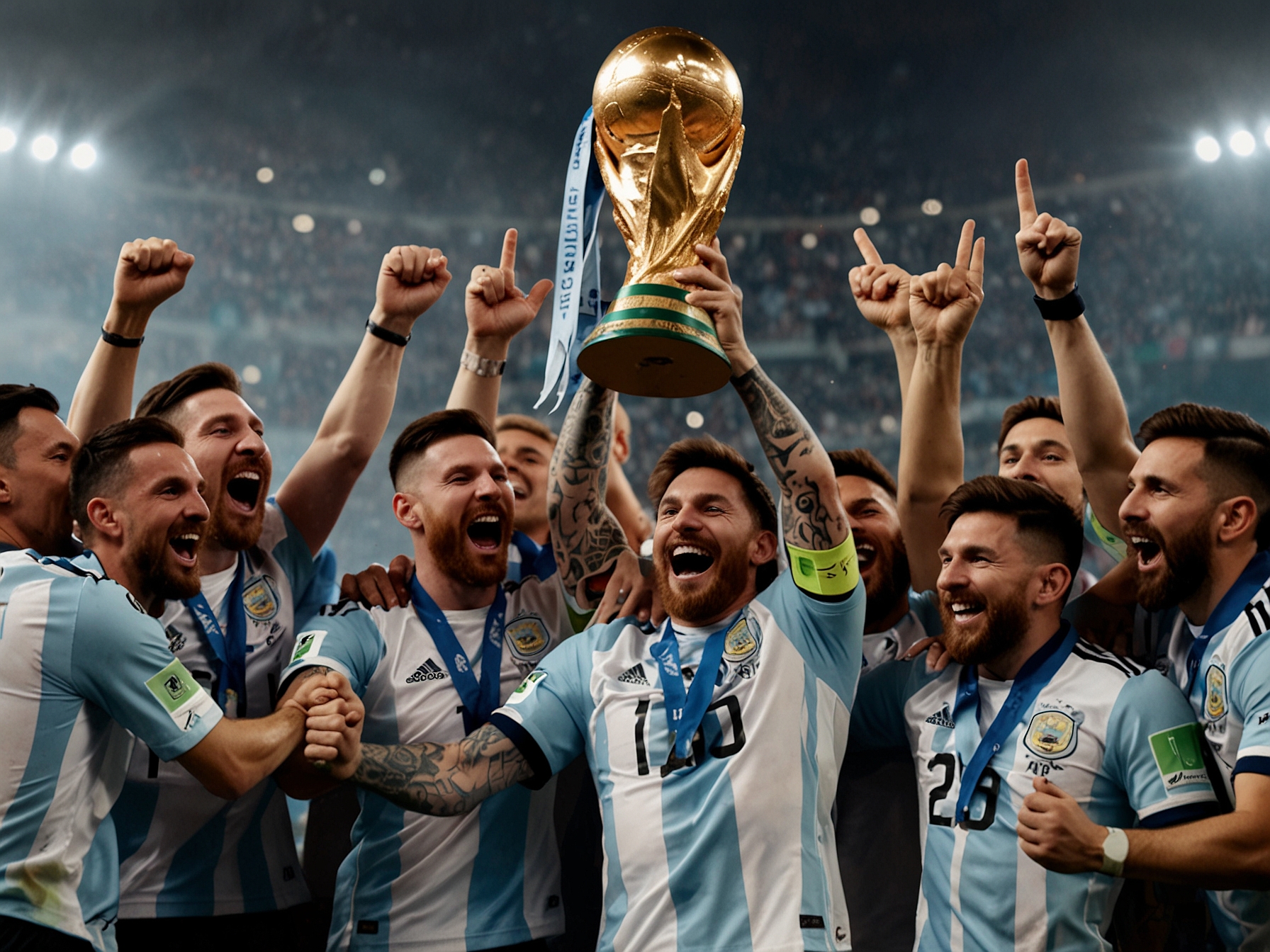 A victorious moment captured during the 2021 Copa America final, showing Argentina's team lifting the trophy, symbolizing their victorious return after 28 years, led by Lionel Messi.