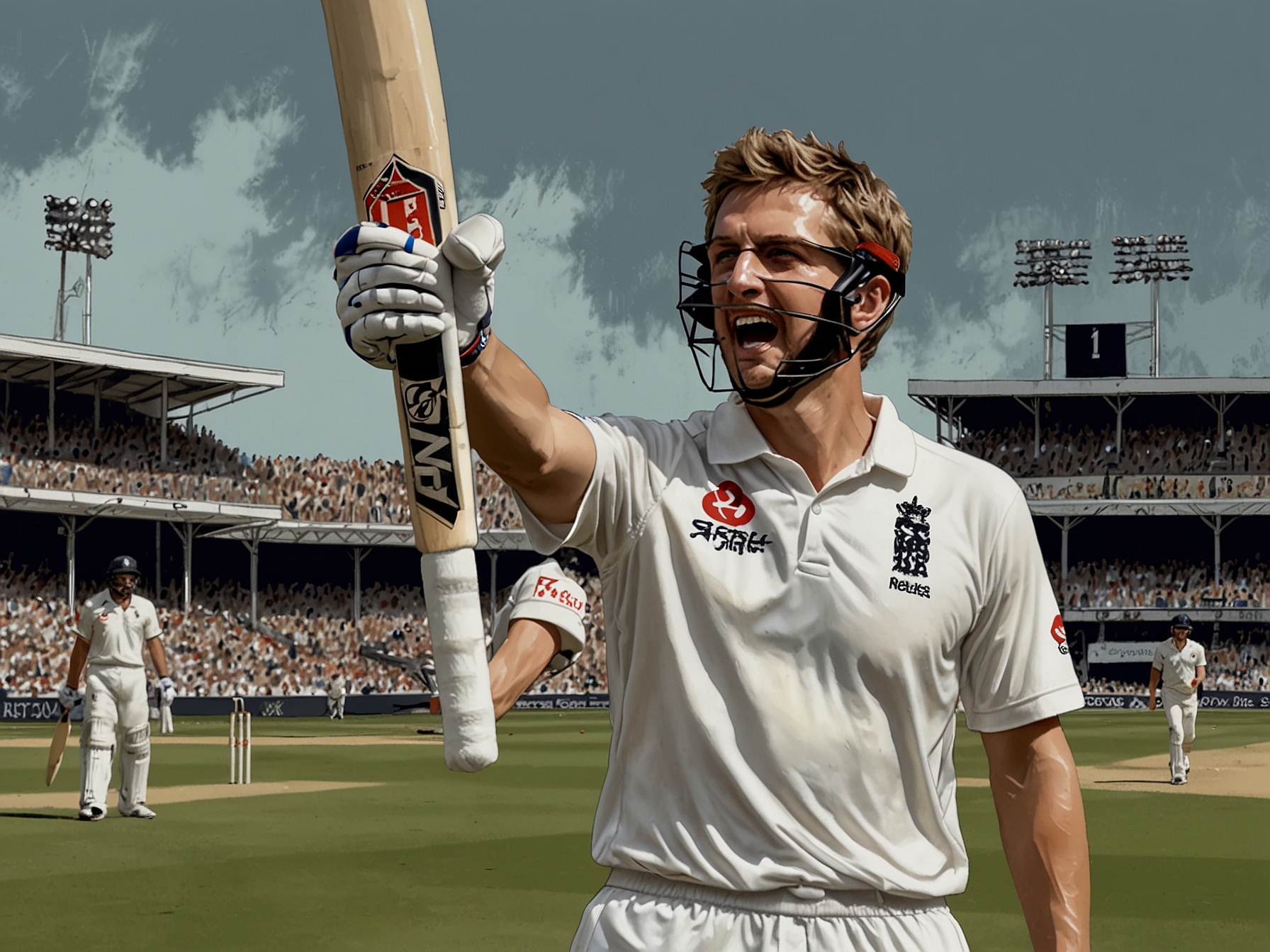 England's Joe Root on the field, guiding his team with stellar batting performance. The background shows spectators cheering, highlighting the high-stakes nature of the Super 8 stage.