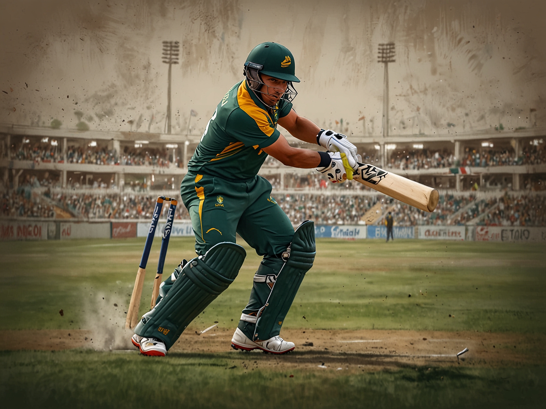 South Africa's Quinton de Kock delivering a powerful shot during the game. The image captures the intensity and determination of the South African side as they aim to regain form.