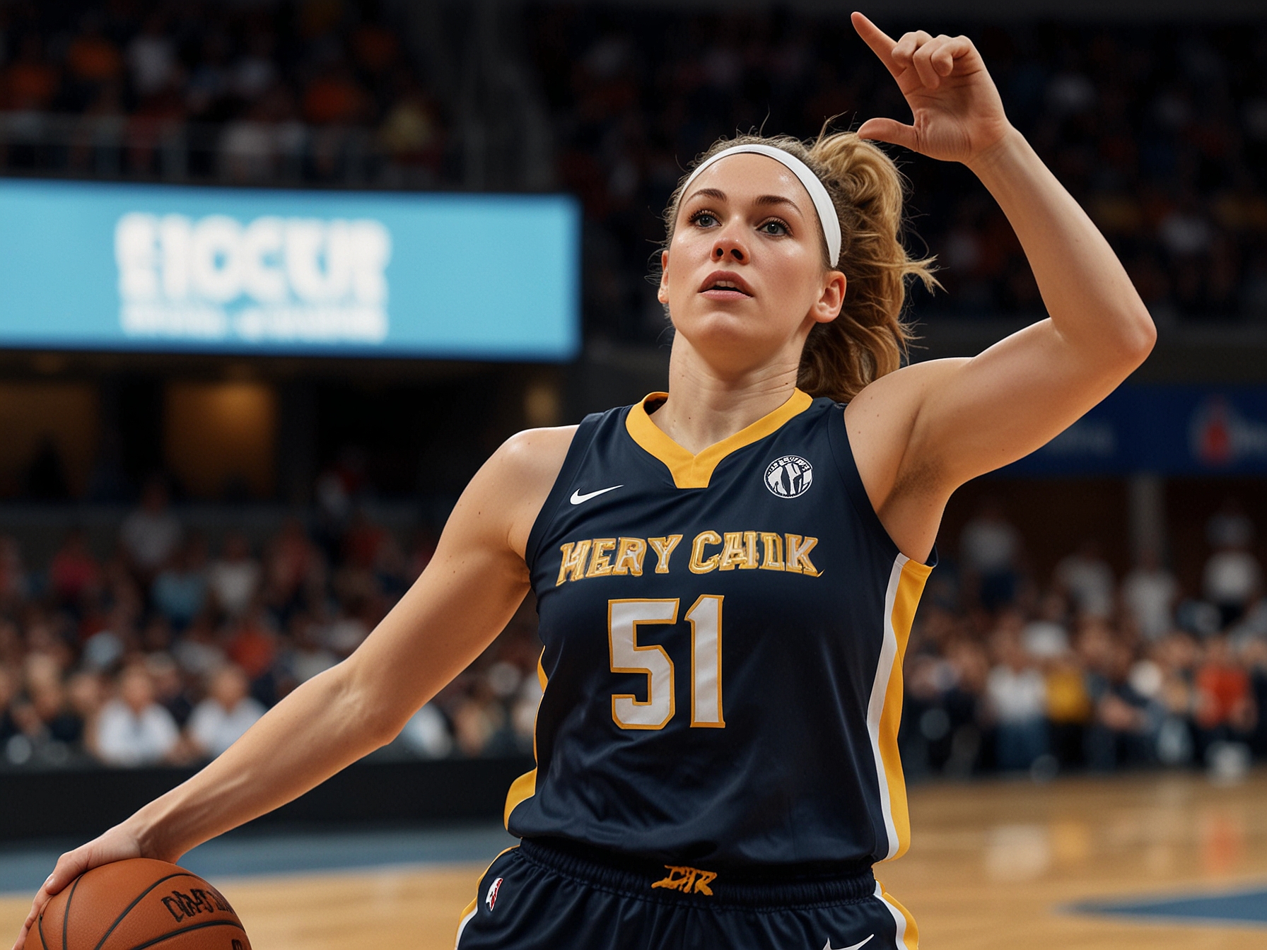 Caitlin Clark, in her team's uniform, makes a powerful shot from the three-point line during a WNBA game, showcasing her impressive scoring ability and dominance on the court.