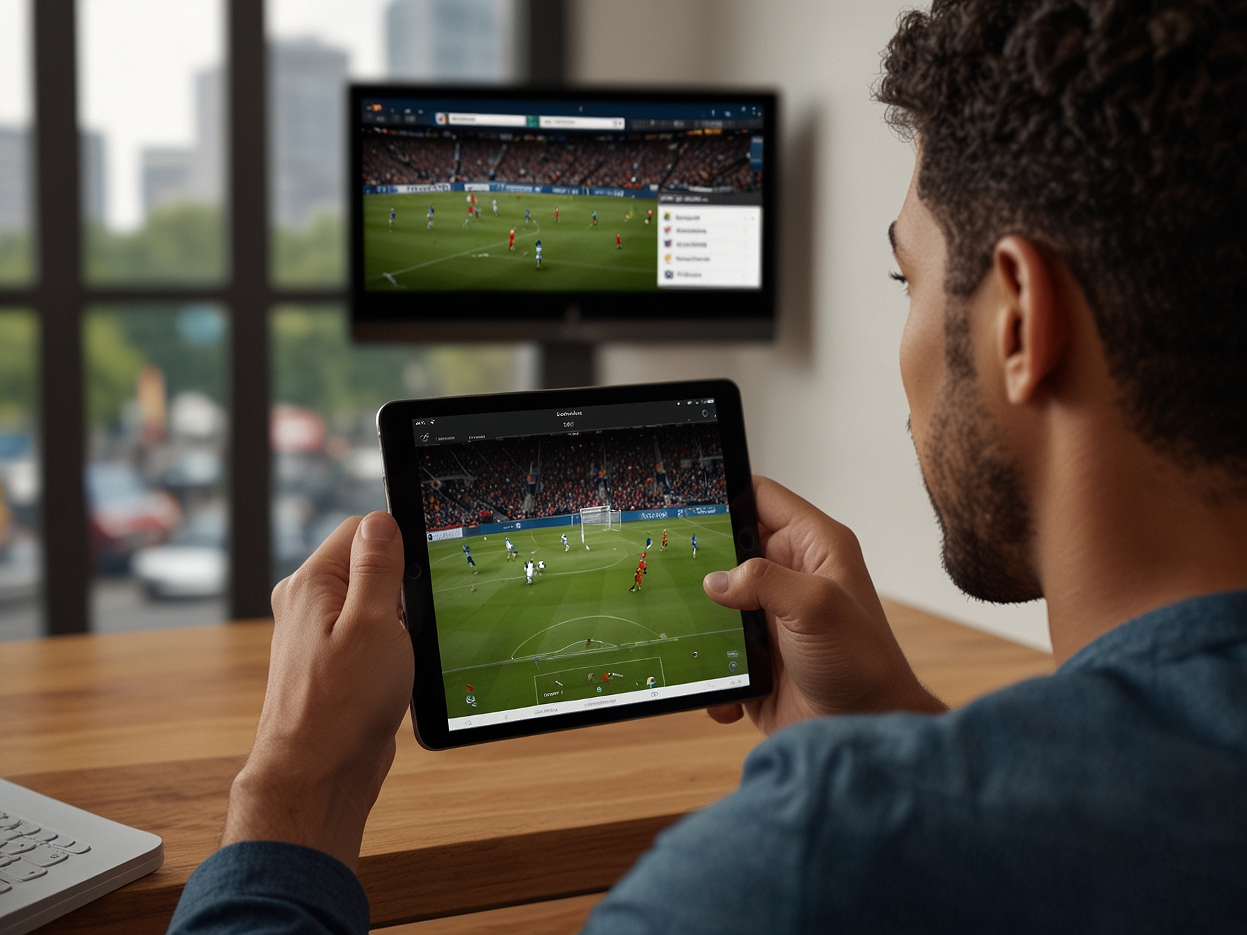A soccer fan using the Apple TV app on a tablet, accessing the 'Catch Up' feature to watch key moments of an MLS game they joined late.